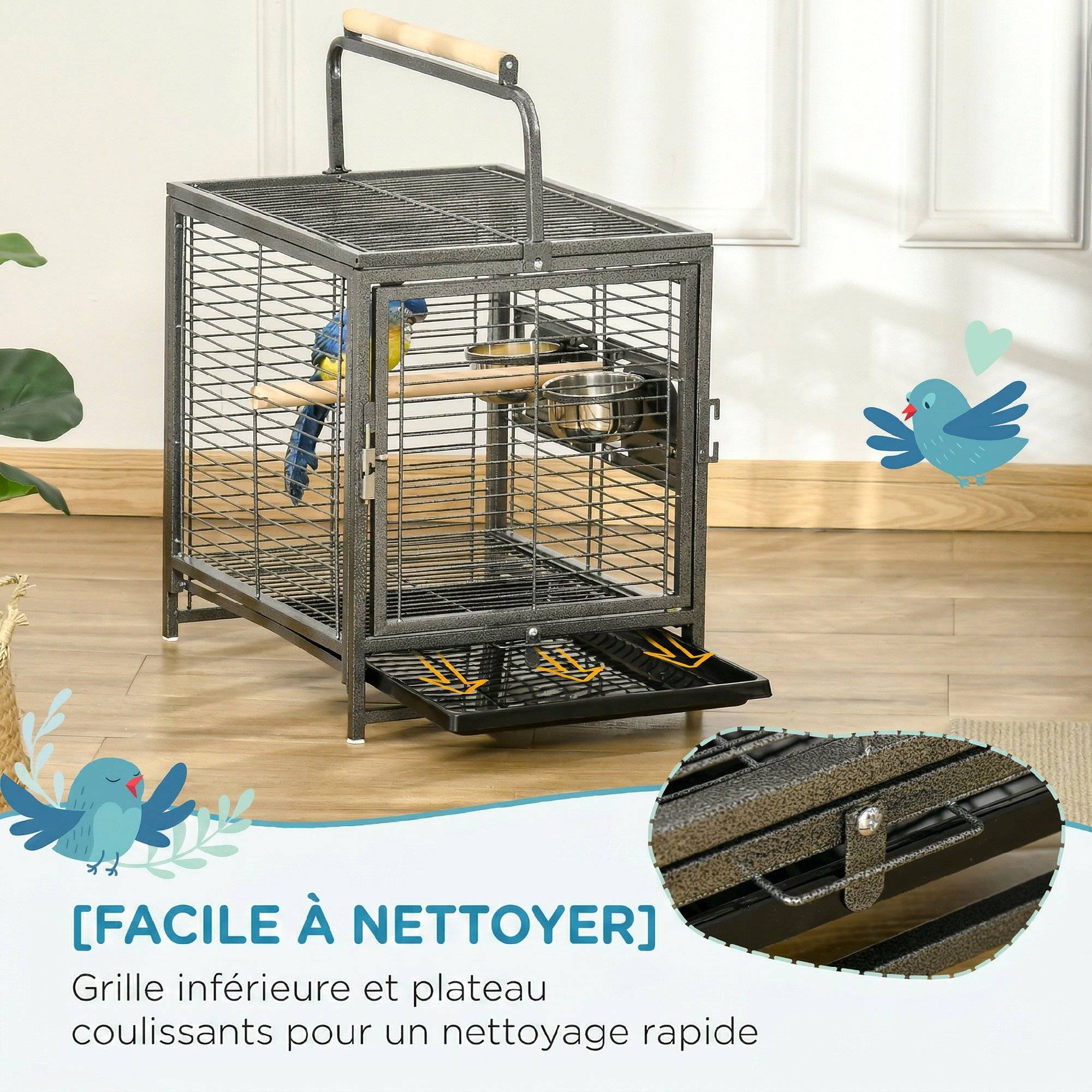 Sans Marque - Cage de transport en acier pour perroquets, cage à oiseaux avec 2 bols en acier inoxydable, 2 perchoirs, plateau, noir - Image 6