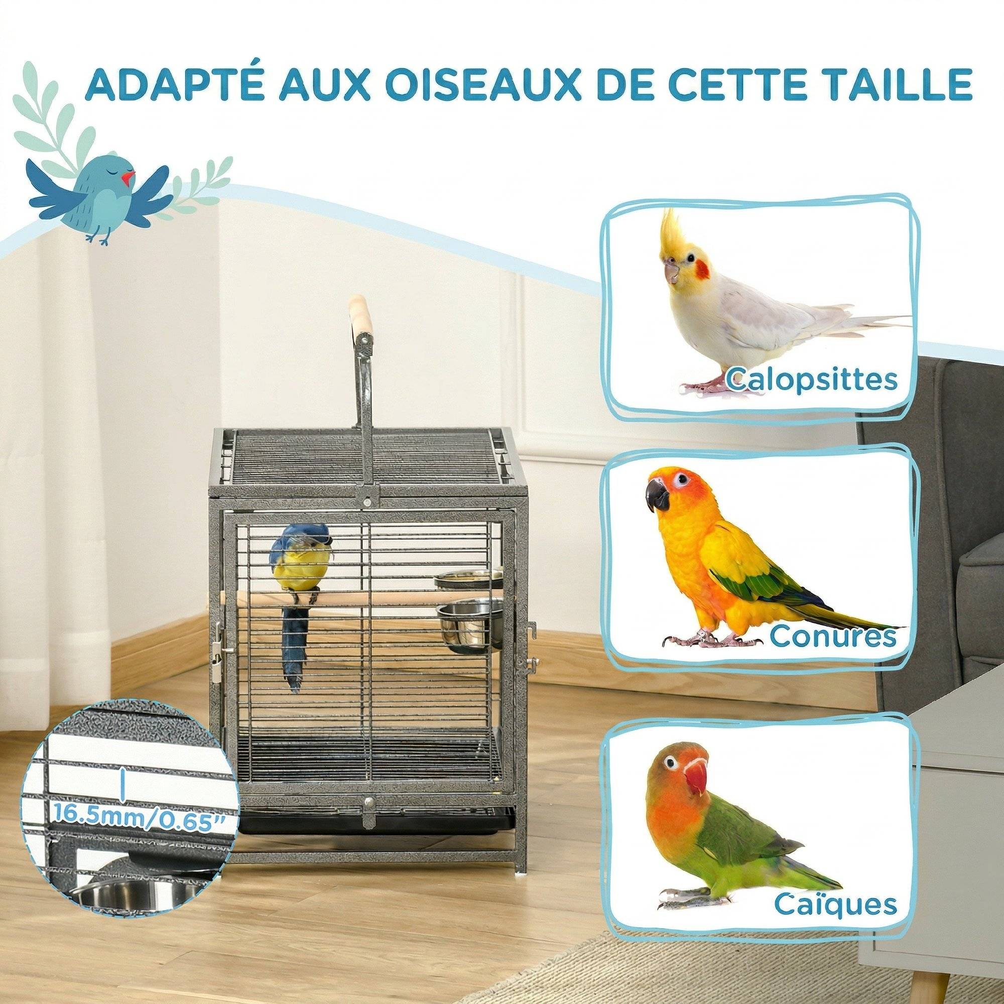 Sans Marque - Cage de transport en acier pour perroquets, cage à oiseaux avec 2 bols en acier inoxydable, 2 perchoirs, plateau, noir - Image 9