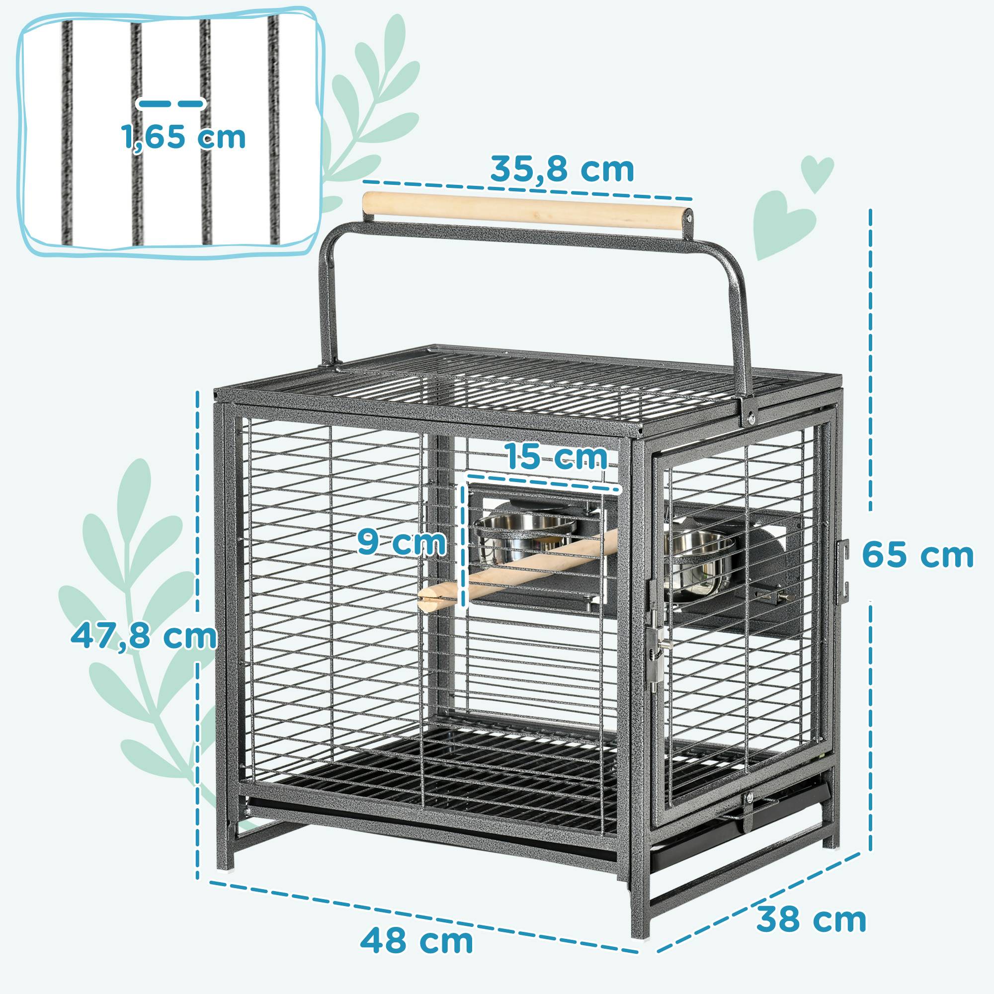 Sans Marque - Cage de transport en acier pour perroquets, cage à oiseaux avec 2 bols en acier inoxydable, 2 perchoirs, plateau, noir - Image 5