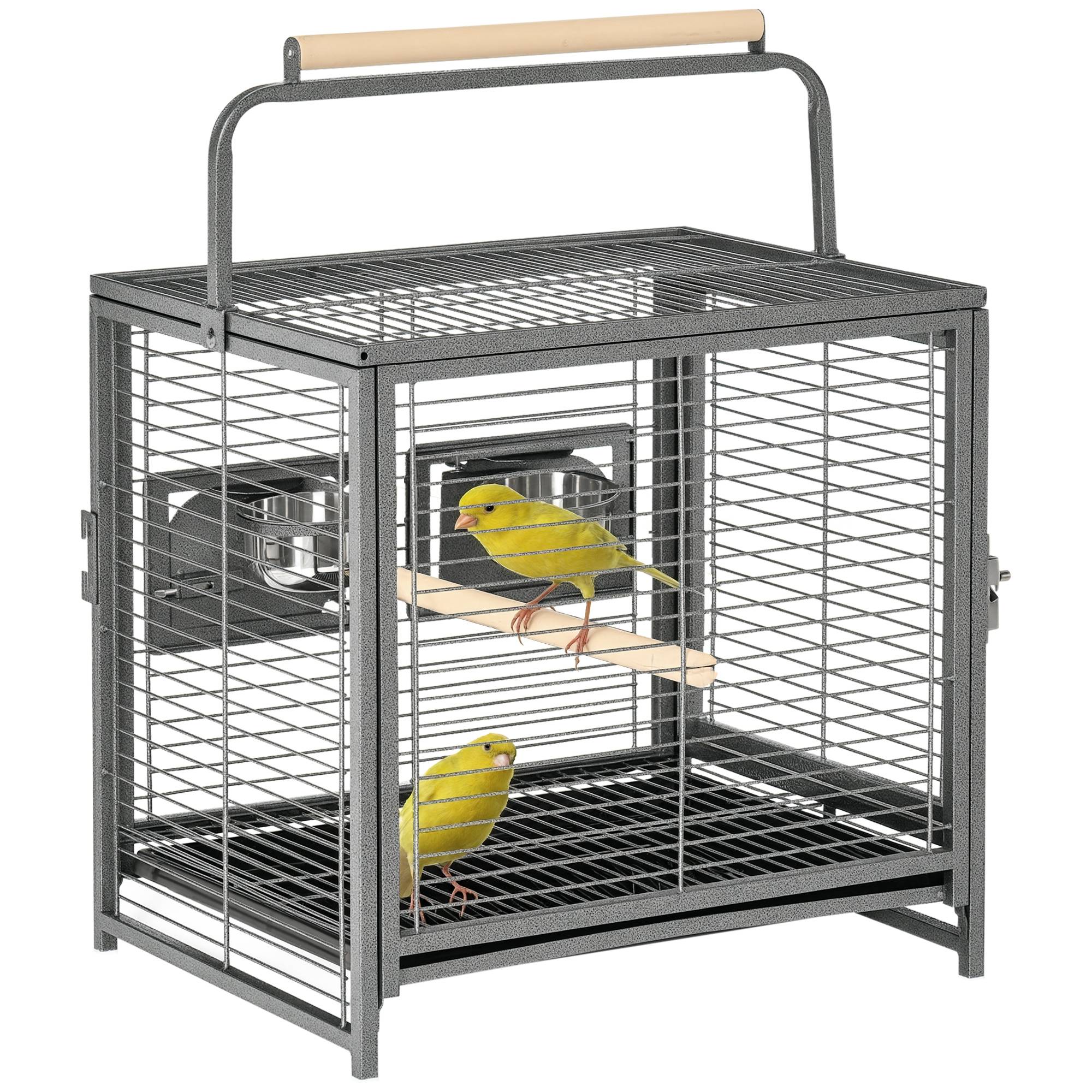 Sans Marque - Cage de transport en acier pour perroquets, cage à oiseaux avec 2 bols en acier inoxydable, 2 perchoirs, plateau, noir - Image 1