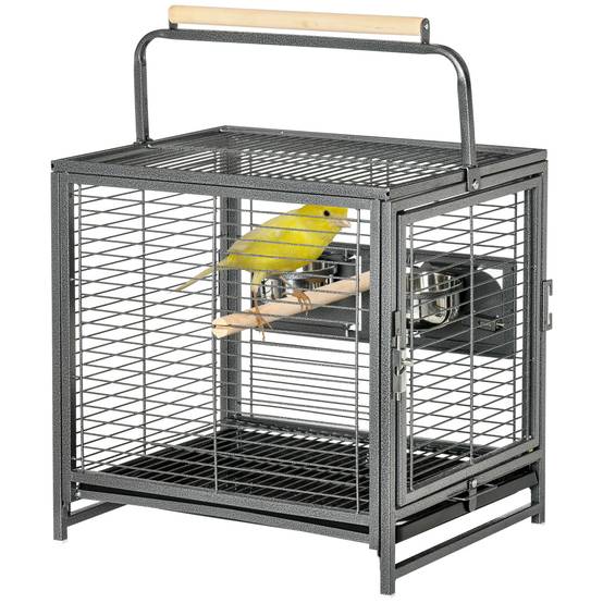 Sans Marque - Cage de transport en acier pour perroquets, cage à oiseaux avec 2 bols en acier inoxydable, 2 perchoirs, plateau, noir - Image 2