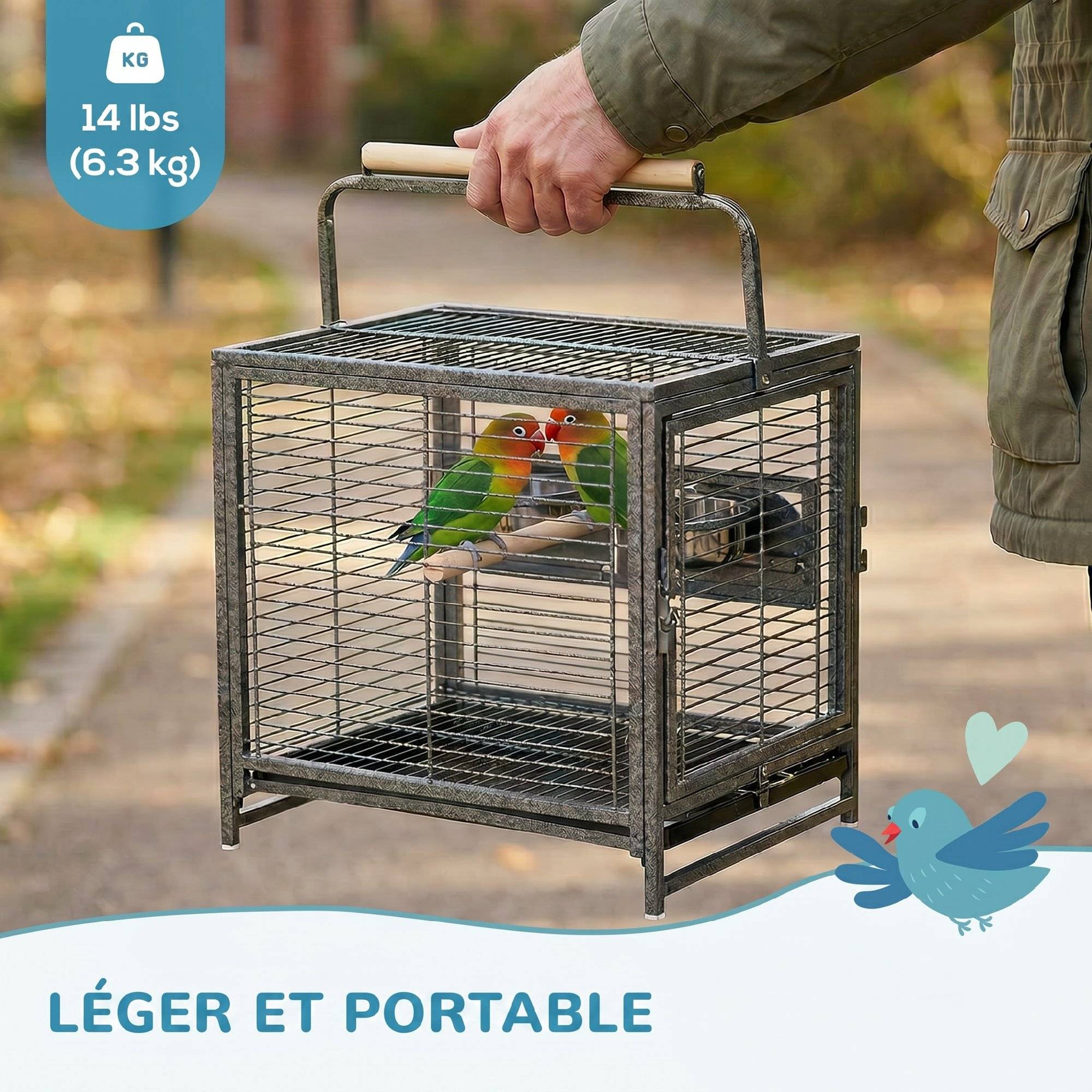 Sans Marque - Cage de transport en acier pour perroquets, cage à oiseaux avec 2 bols en acier inoxydable, 2 perchoirs, plateau, noir - Image 10