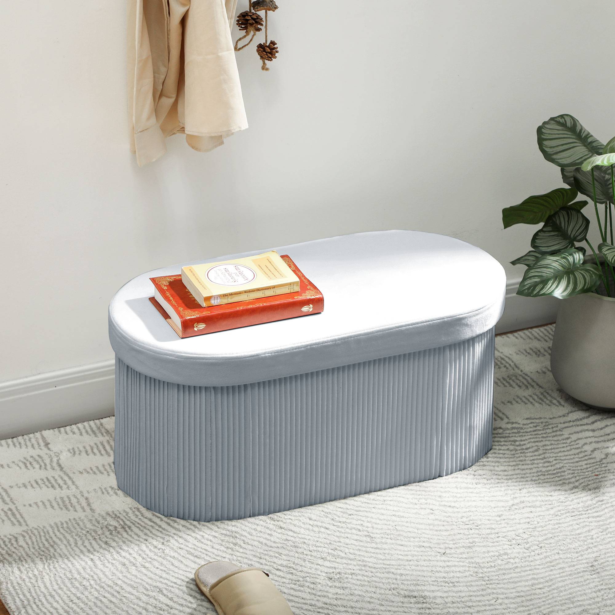 Banc coffre ottoman avec coffre de rangement pliable, 72 L, 76 x 38 x 35 cm, revêtement en velours, gris foncé. - Image 3