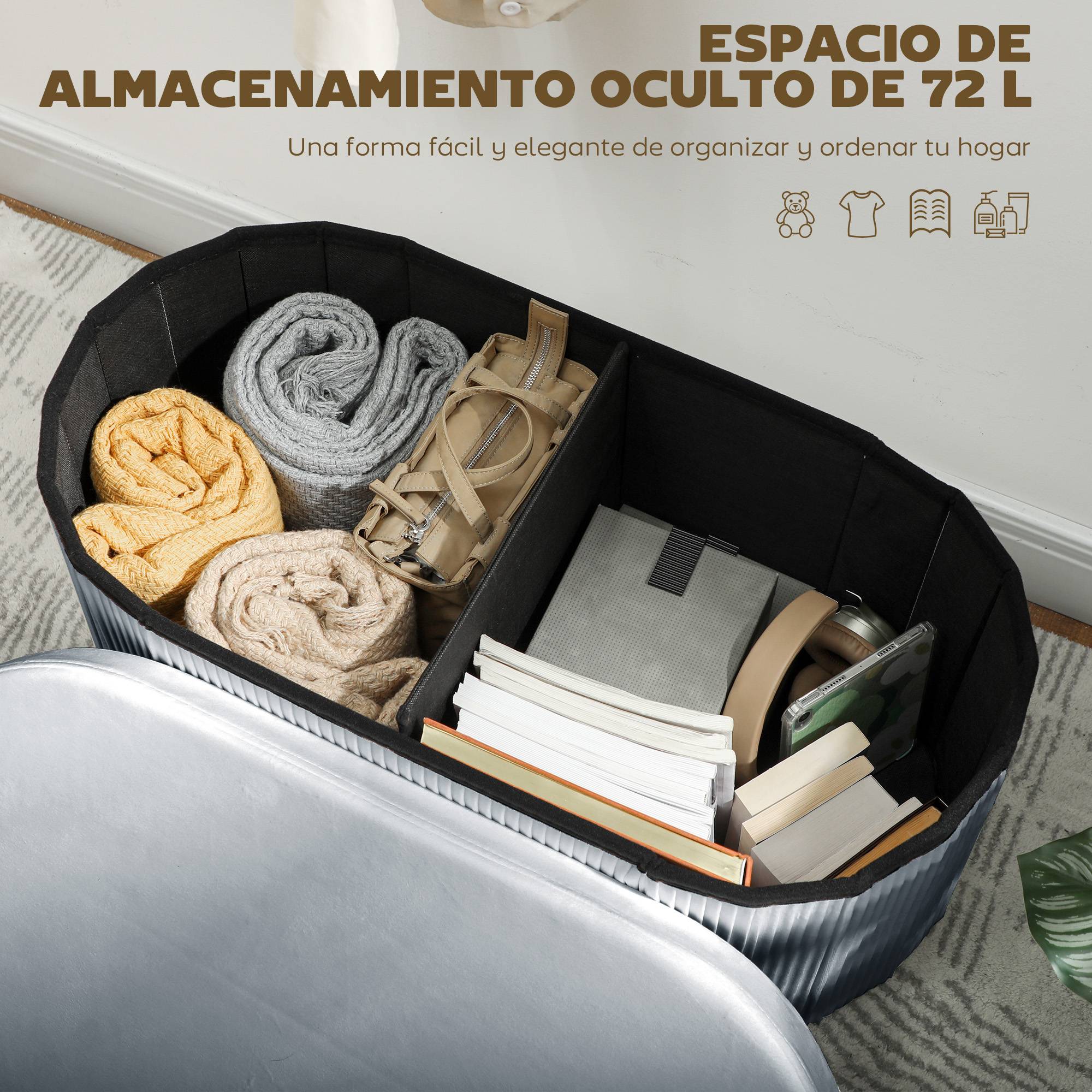 Banc coffre ottoman avec coffre de rangement pliable, 72 L, 76 x 38 x 35 cm, revêtement en velours, gris foncé. - Image 6