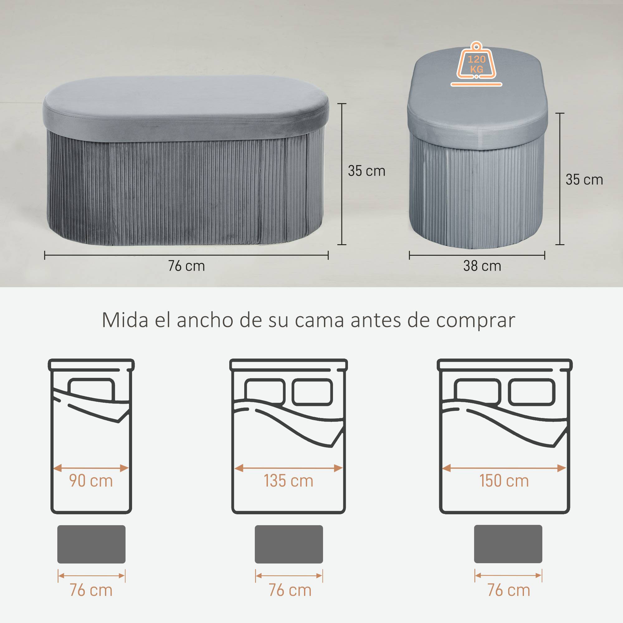 Banc coffre ottoman avec coffre de rangement pliable, 72 L, 76 x 38 x 35 cm, revêtement en velours, gris foncé. - Image 5