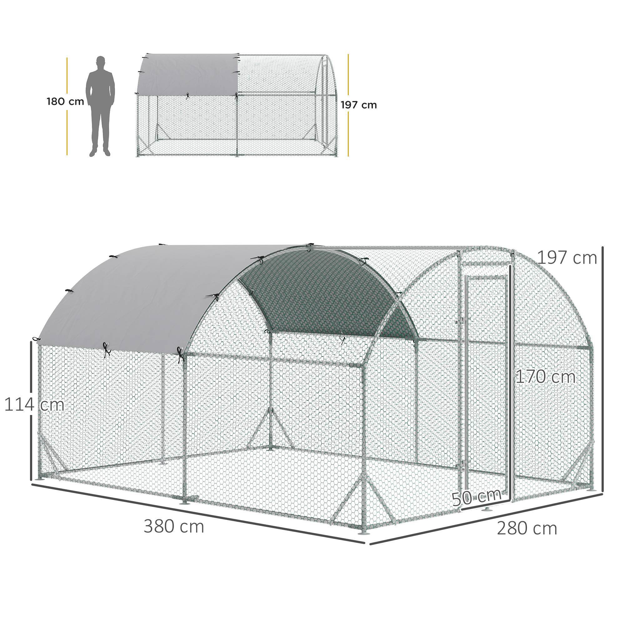 Enclos Poulailler Acier Galvanisé 10.64m² 6-12 Poules Bâche Toit Imperméable 280x380cm Argent - ComfortXL Pet Living - Image 3