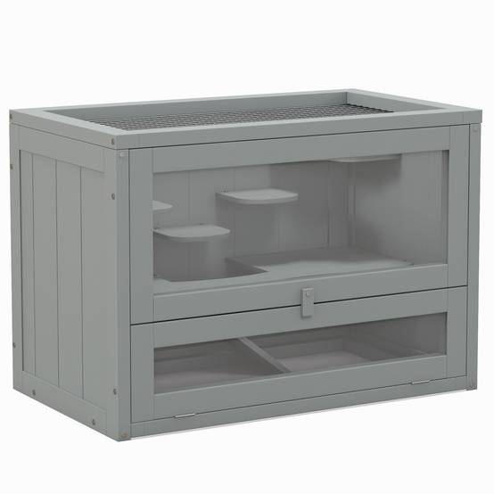 Cage hamster souris Bois sapin 2 niveaux avec toit ouvrable 60x35x42cm Gris - ComfortXL Outdoor Living - Image 1