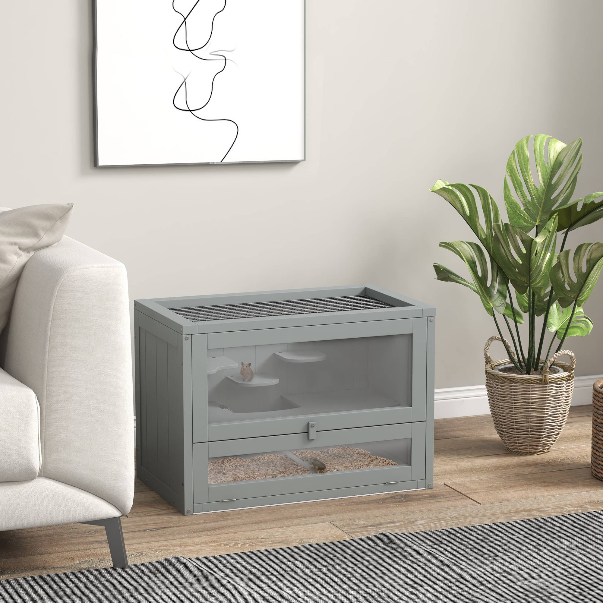 Cage hamster souris Bois sapin 2 niveaux avec toit ouvrable 60x35x42cm Gris - ComfortXL Outdoor Living - Image 3