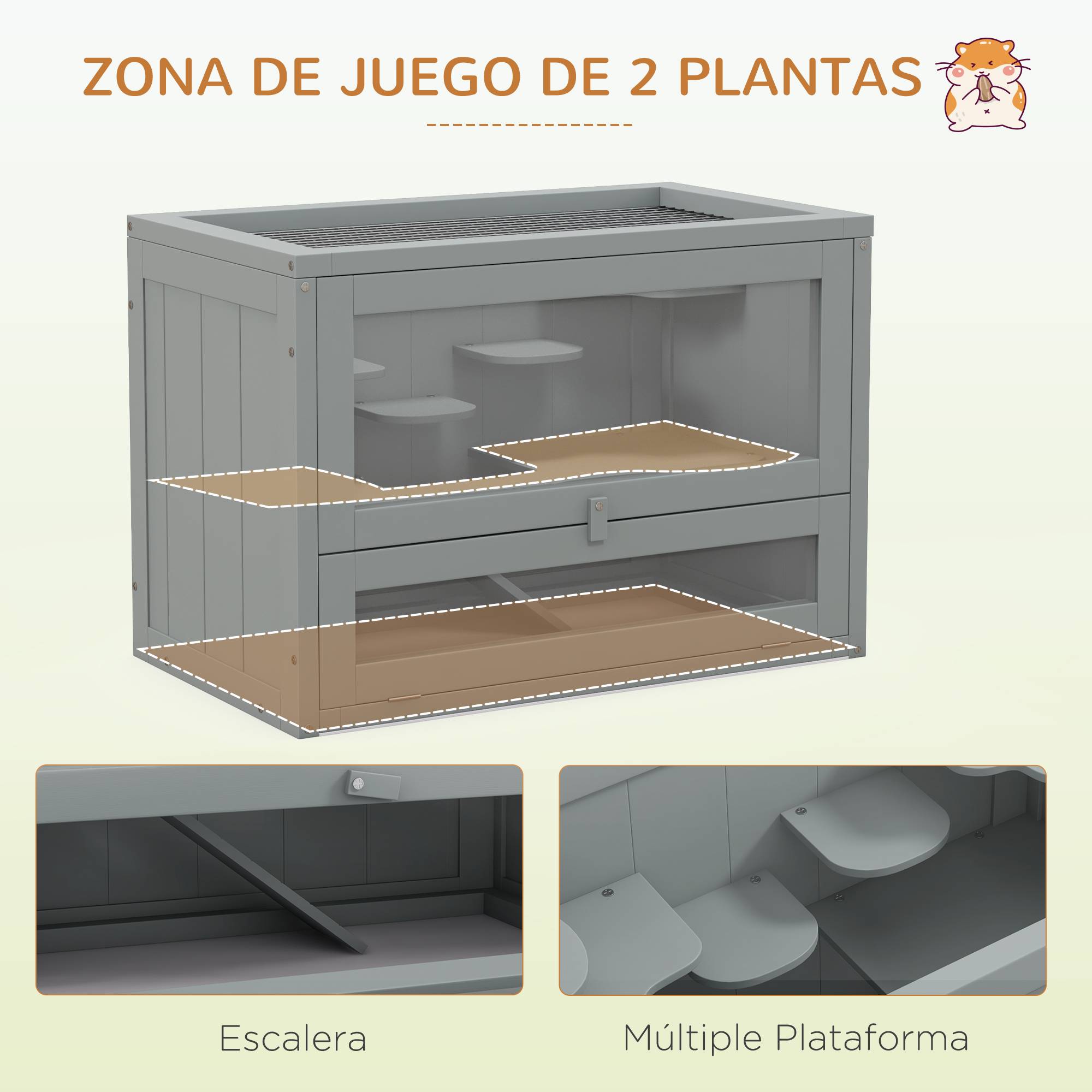 Cage hamster souris Bois sapin 2 niveaux avec toit ouvrable 60x35x42cm Gris - ComfortXL Outdoor Living - Image 6