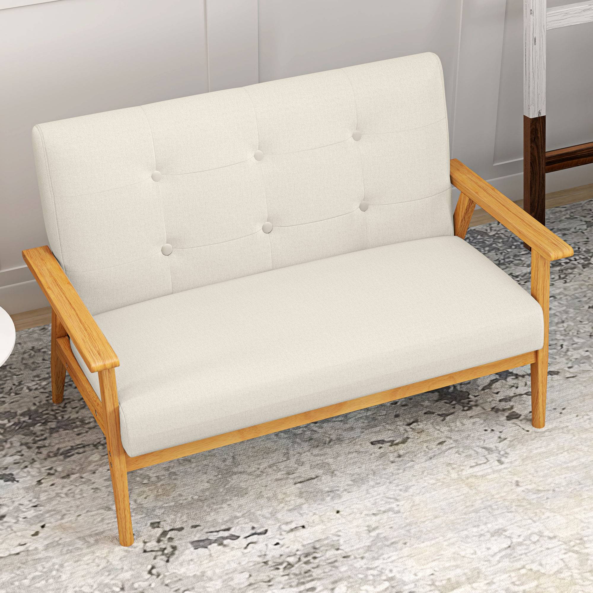 Canapé 2 places 115 cm canapé scandinave avec dossier capitonné, assise rembourrée et accoudoirs, beige - Image 9