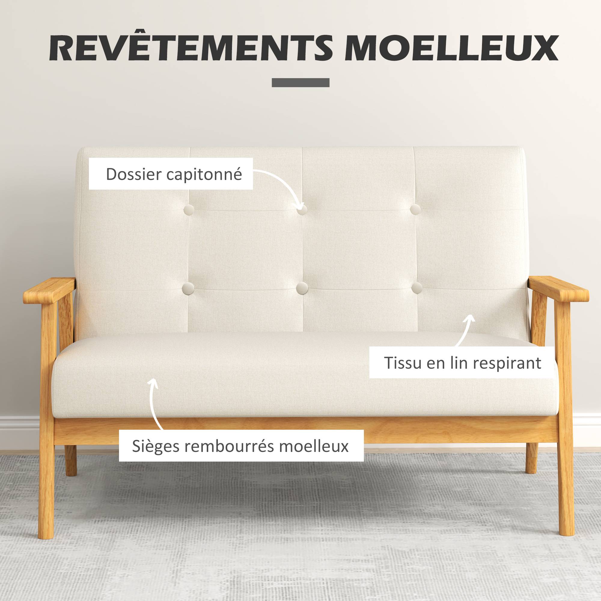 Canapé 2 places 115 cm canapé scandinave avec dossier capitonné, assise rembourrée et accoudoirs, beige - Image 6
