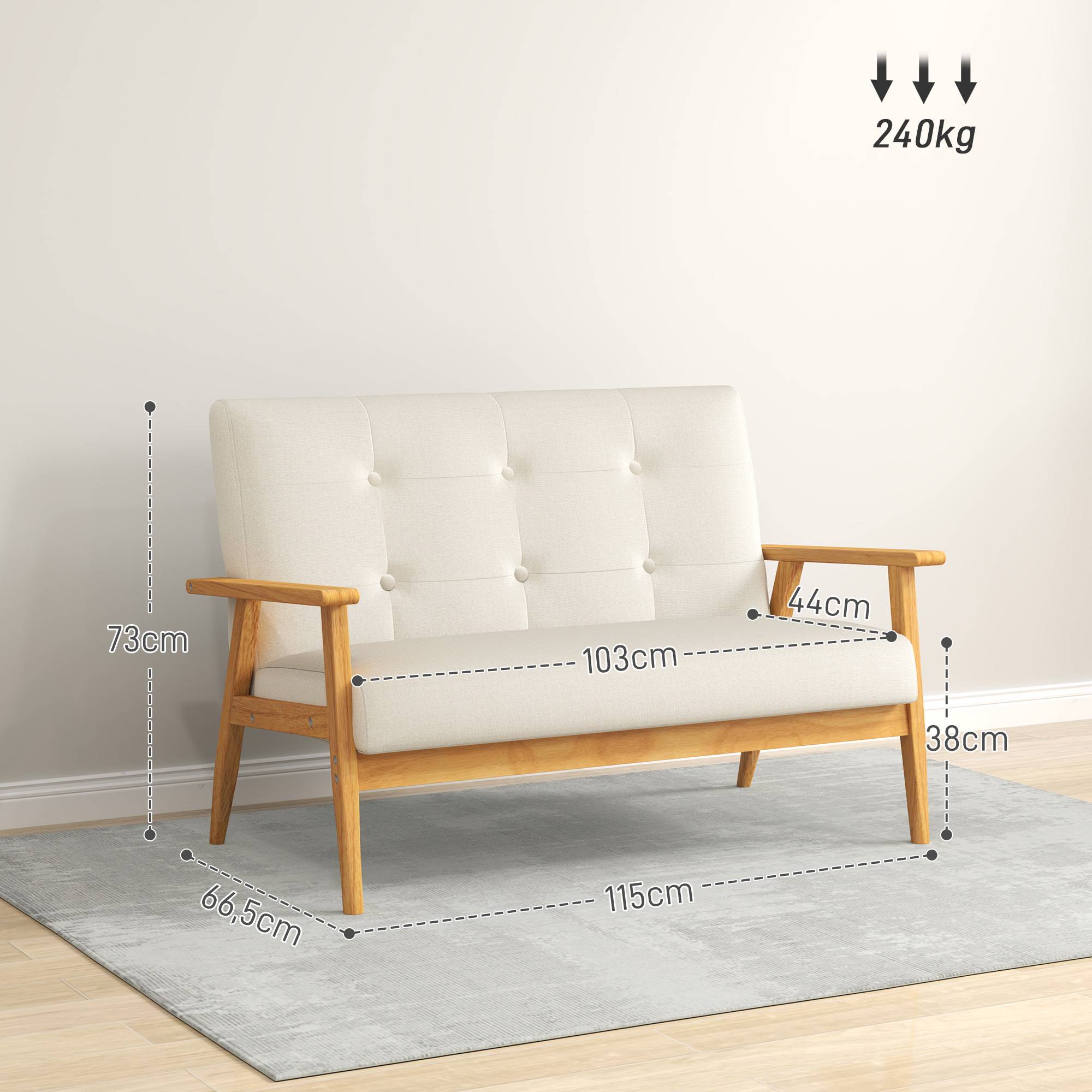 Canapé 2 places 115 cm canapé scandinave avec dossier capitonné, assise rembourrée et accoudoirs, beige - Image 5