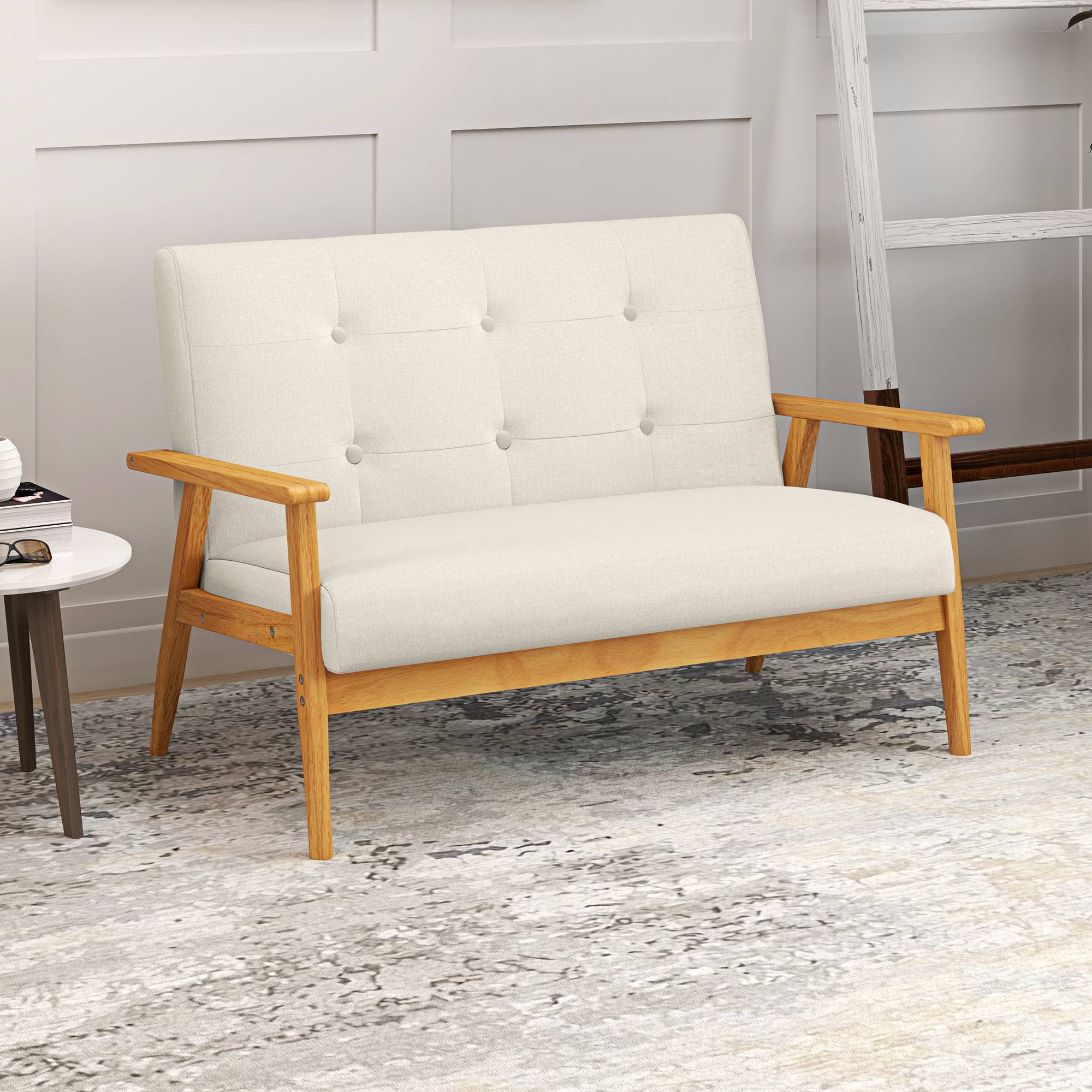 Canapé 2 places 115 cm canapé scandinave avec dossier capitonné, assise rembourrée et accoudoirs, beige - Image 3