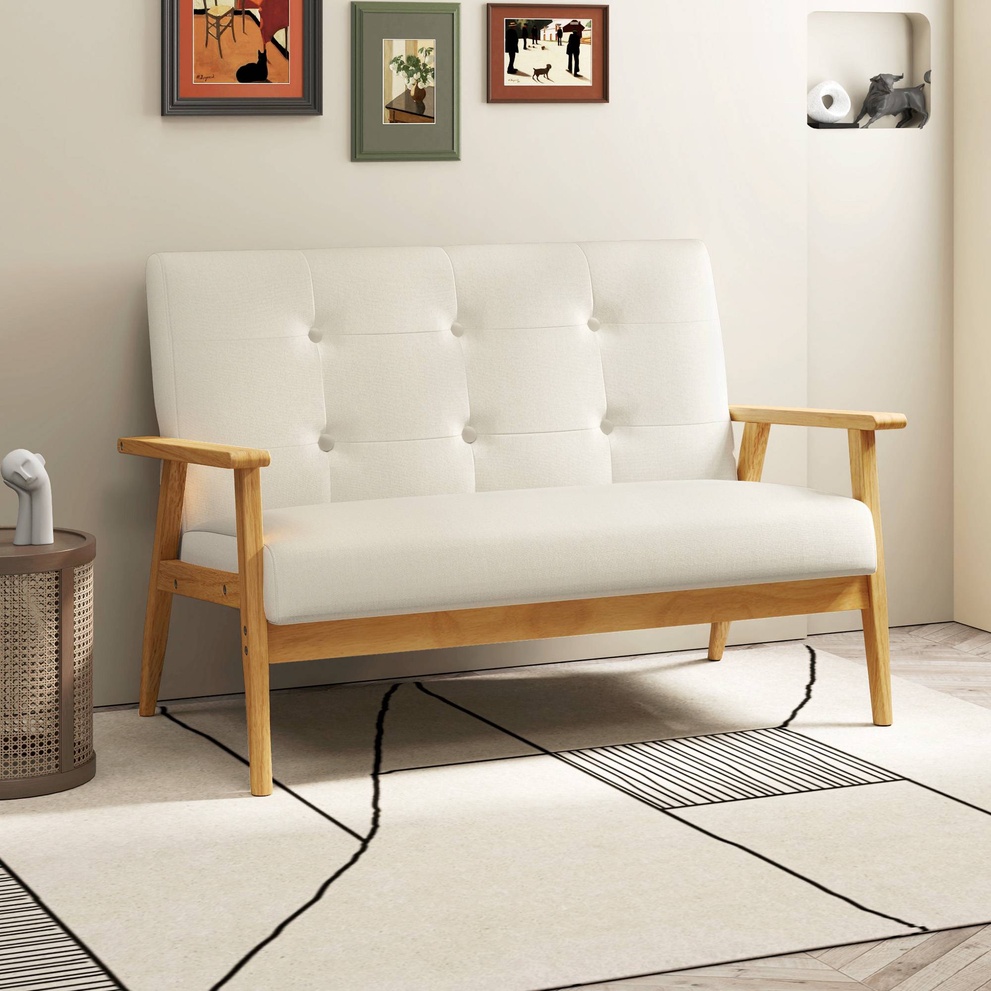 Canapé 2 places 115 cm canapé scandinave avec dossier capitonné, assise rembourrée et accoudoirs, beige - Image 4