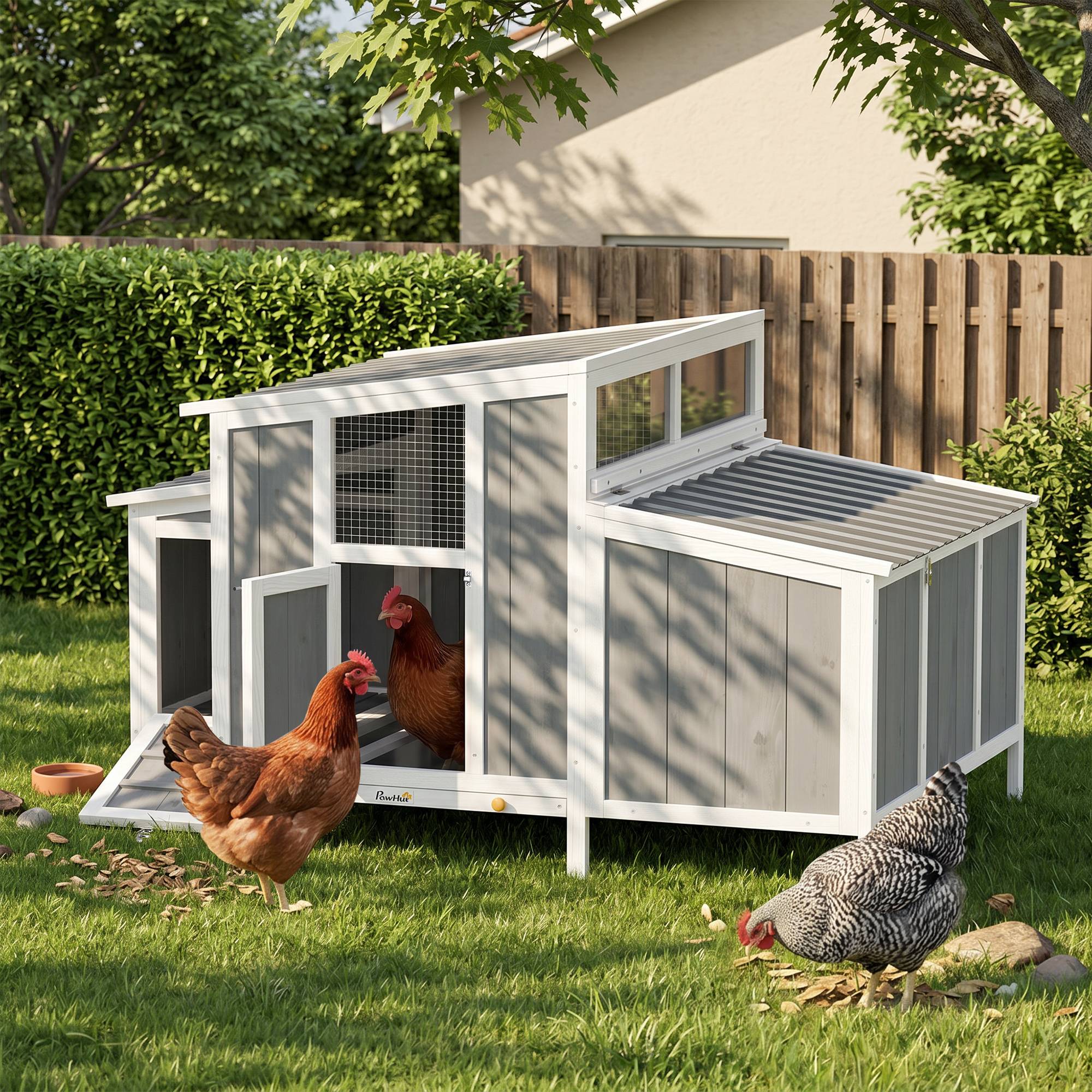 Sans Marque - Poulailler bois, porte verrouillable, nichoir, toit PET étanche, 3-4 poules, 145x90x92 cm, Gris - Image 4