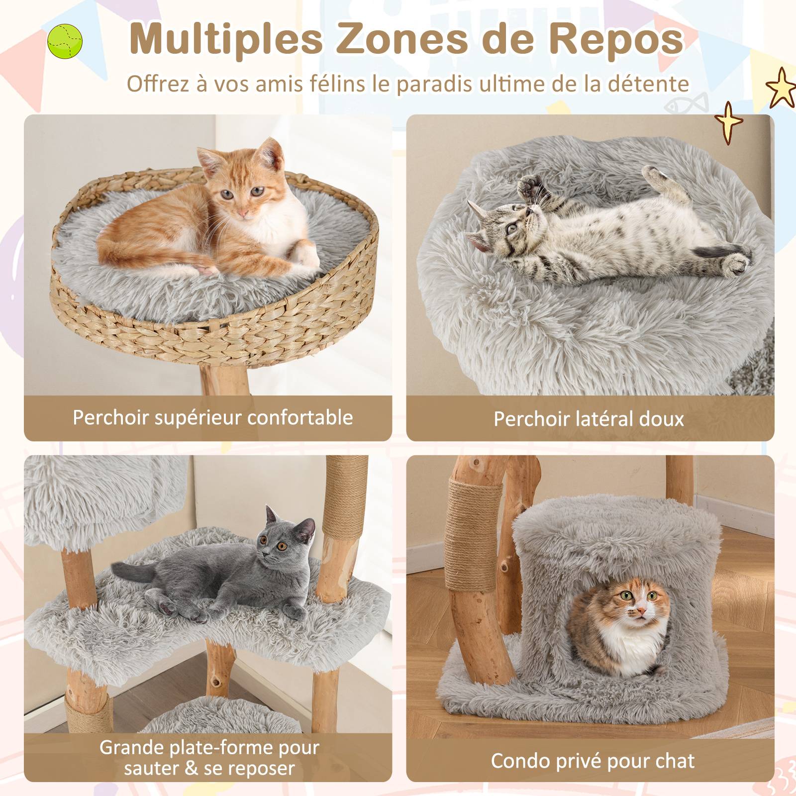 Arbre à Chat XXL 124 cm, Arbre à Chat Bois en Poireir, Design Tronc, 2 Poteaux à Griffer en Jute, 3 Plateformes, Tour pour Chaton à 5 Niveaux, Gris - Image 5