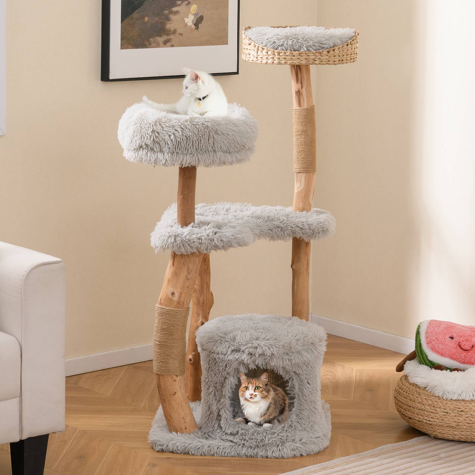 Arbre à Chat XXL 124 cm, Arbre à Chat Bois en Poireir, Design Tronc, 2 Poteaux à Griffer en Jute, 3 Plateformes, Tour pour Chaton à 5 Niveaux, Gris - Image 2