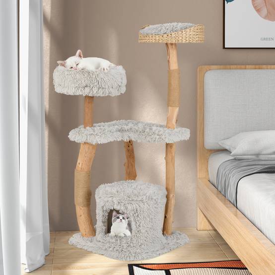 Arbre à Chat XXL 124 cm, Arbre à Chat Bois en Poireir, Design Tronc, 2 Poteaux à Griffer en Jute, 3 Plateformes, Tour pour Chaton à 5 Niveaux, Gris - Image 3