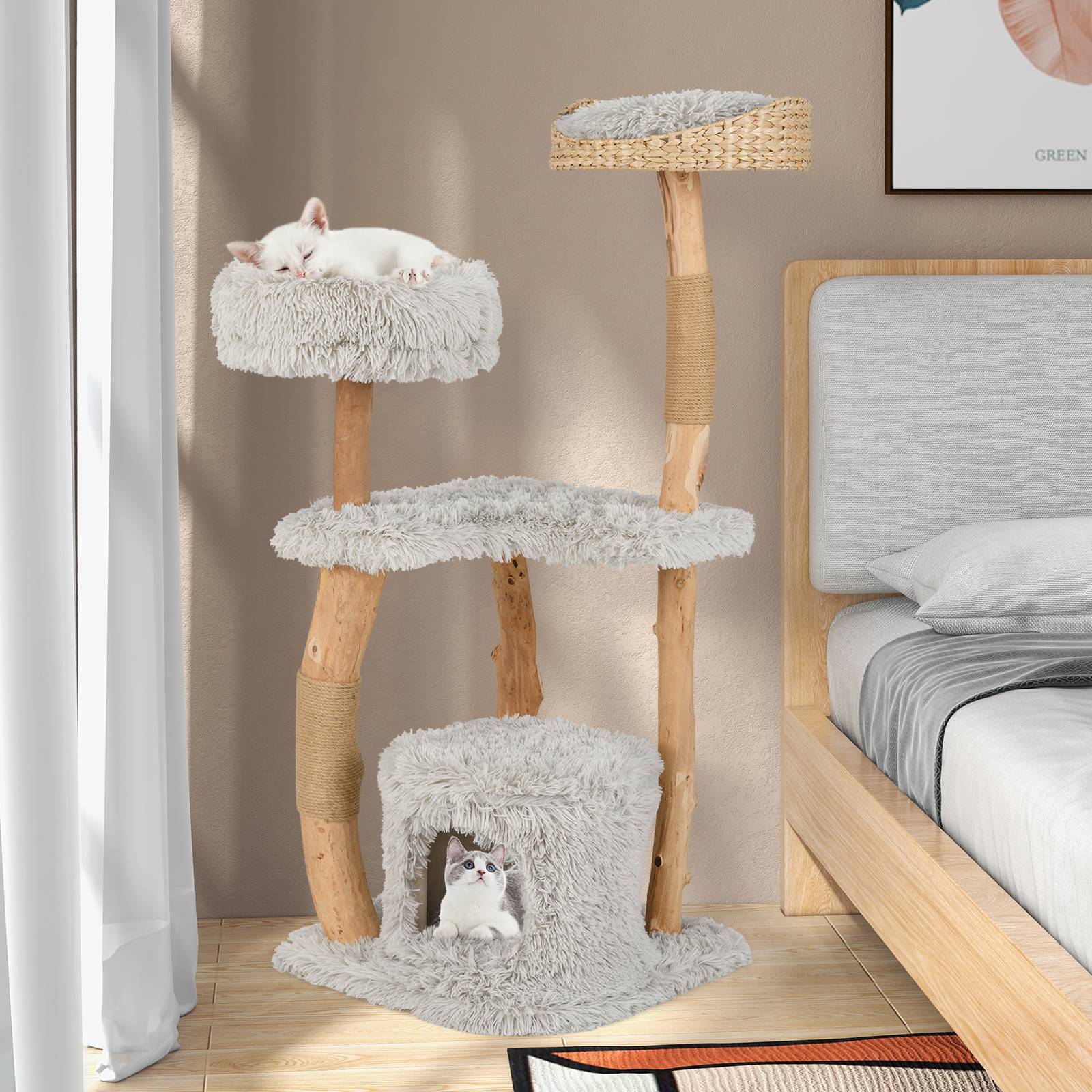 Arbre à Chat XXL 124 cm, Arbre à Chat Bois en Poireir, Design Tronc, 2 Poteaux à Griffer en Jute, 3 Plateformes, Tour pour Chaton à 5 Niveaux, Gris - Image 3