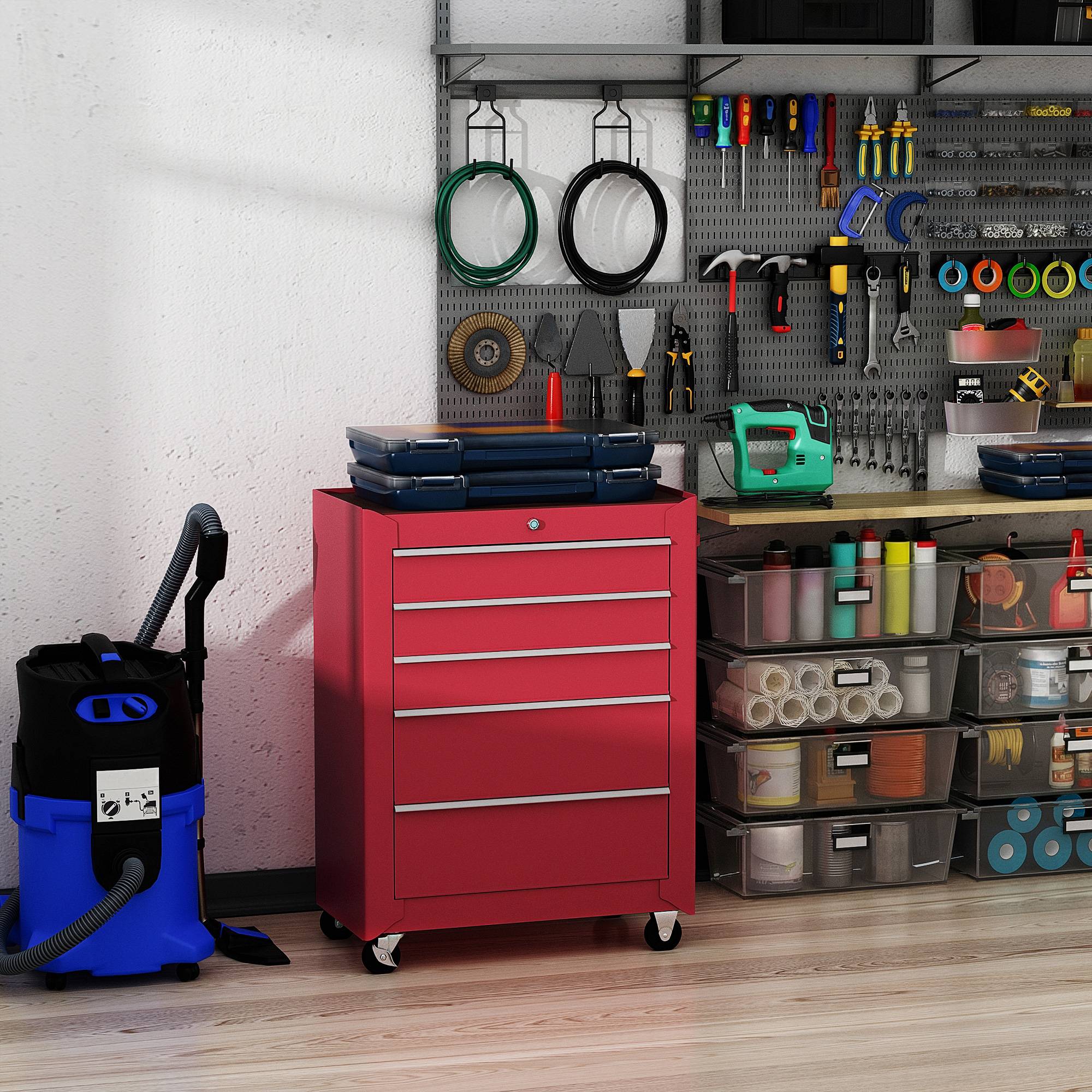 Chariot à outils sur roulettes, servante d'atelier acier 5 tiroirs verrouillable avec 2 clés, 61,5 x 33 x 82,5 cm, rouge - Image 3