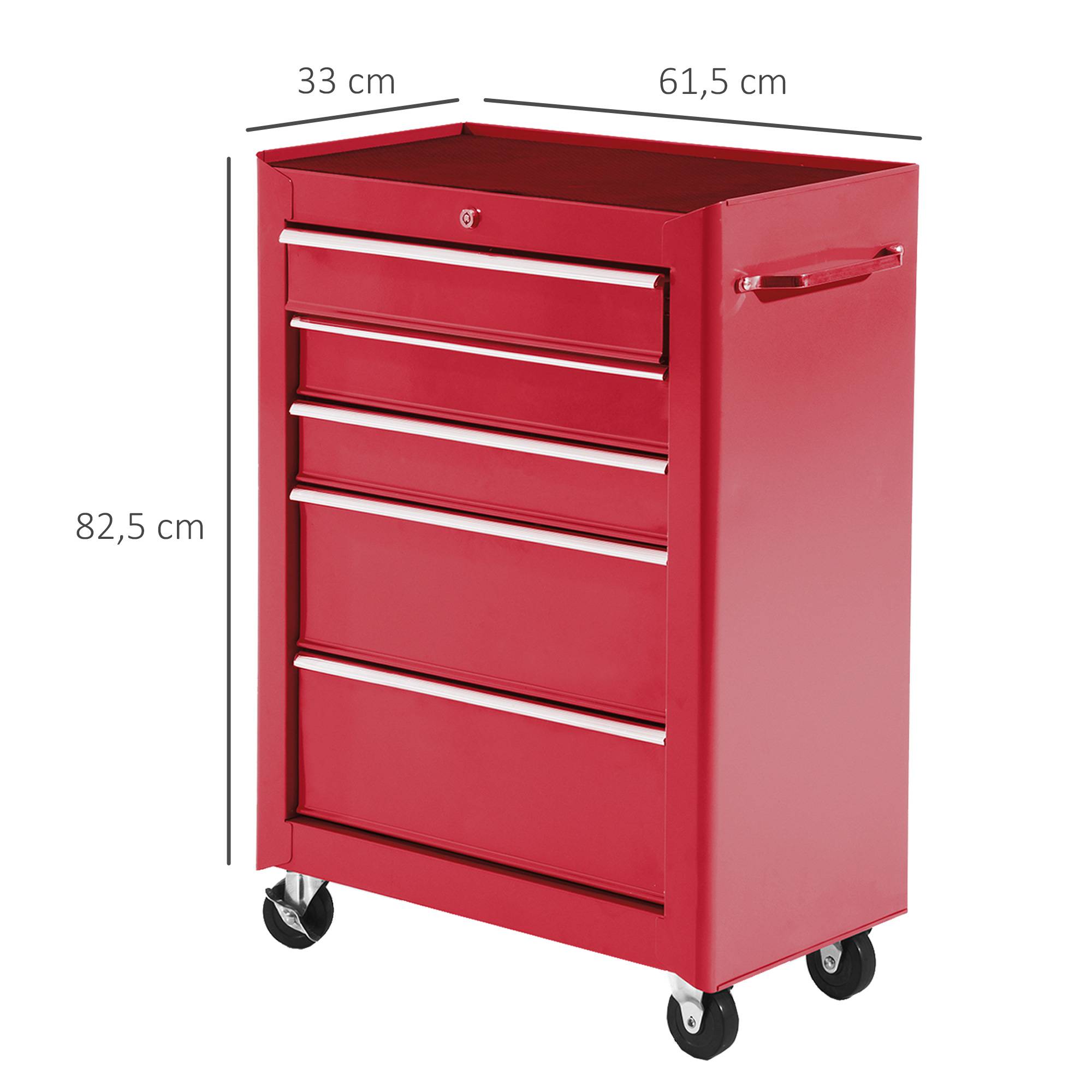 Chariot à outils sur roulettes, servante d'atelier acier 5 tiroirs verrouillable avec 2 clés, 61,5 x 33 x 82,5 cm, rouge - Image 5