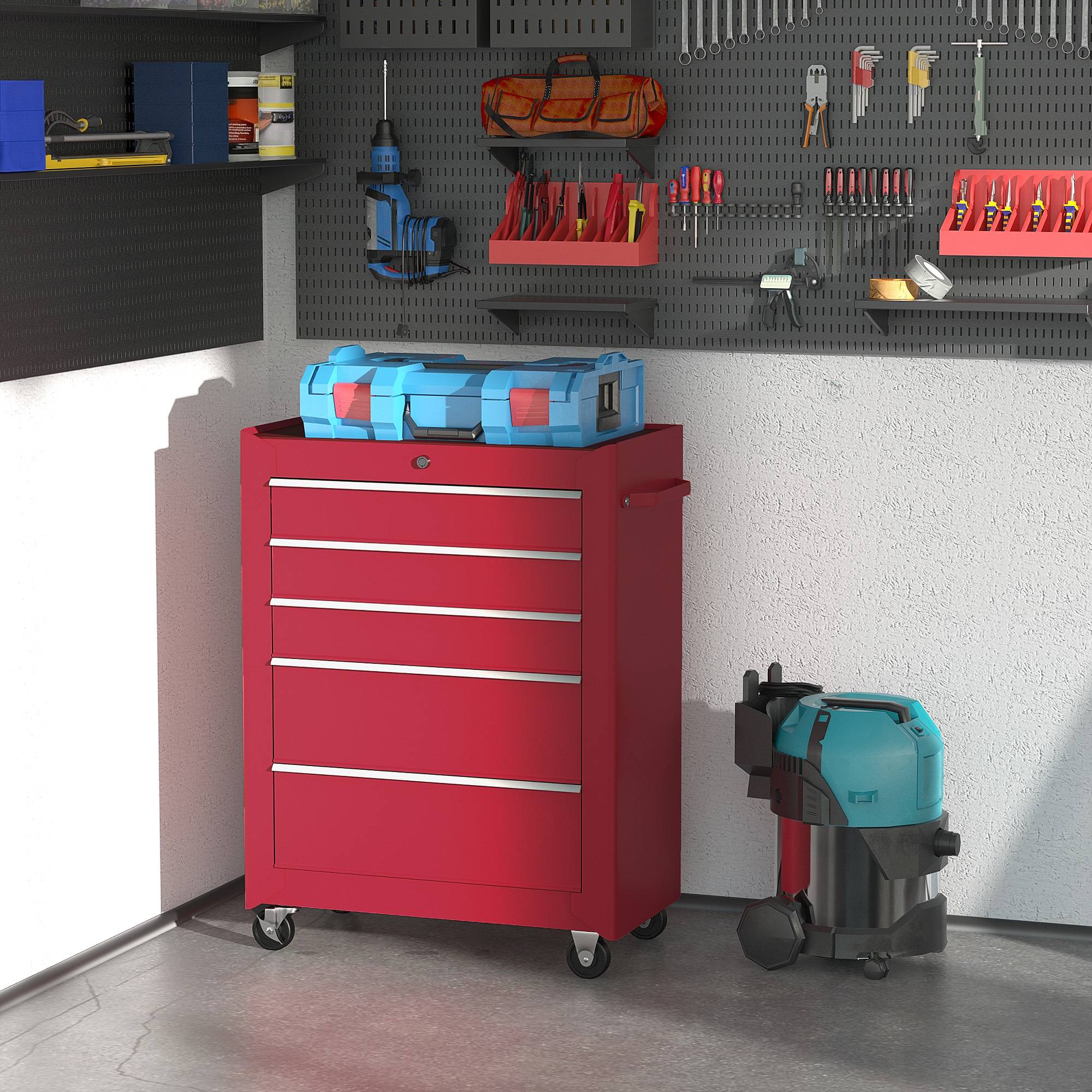 Chariot à outils sur roulettes, servante d'atelier acier 5 tiroirs verrouillable avec 2 clés, 61,5 x 33 x 82,5 cm, rouge - Image 4