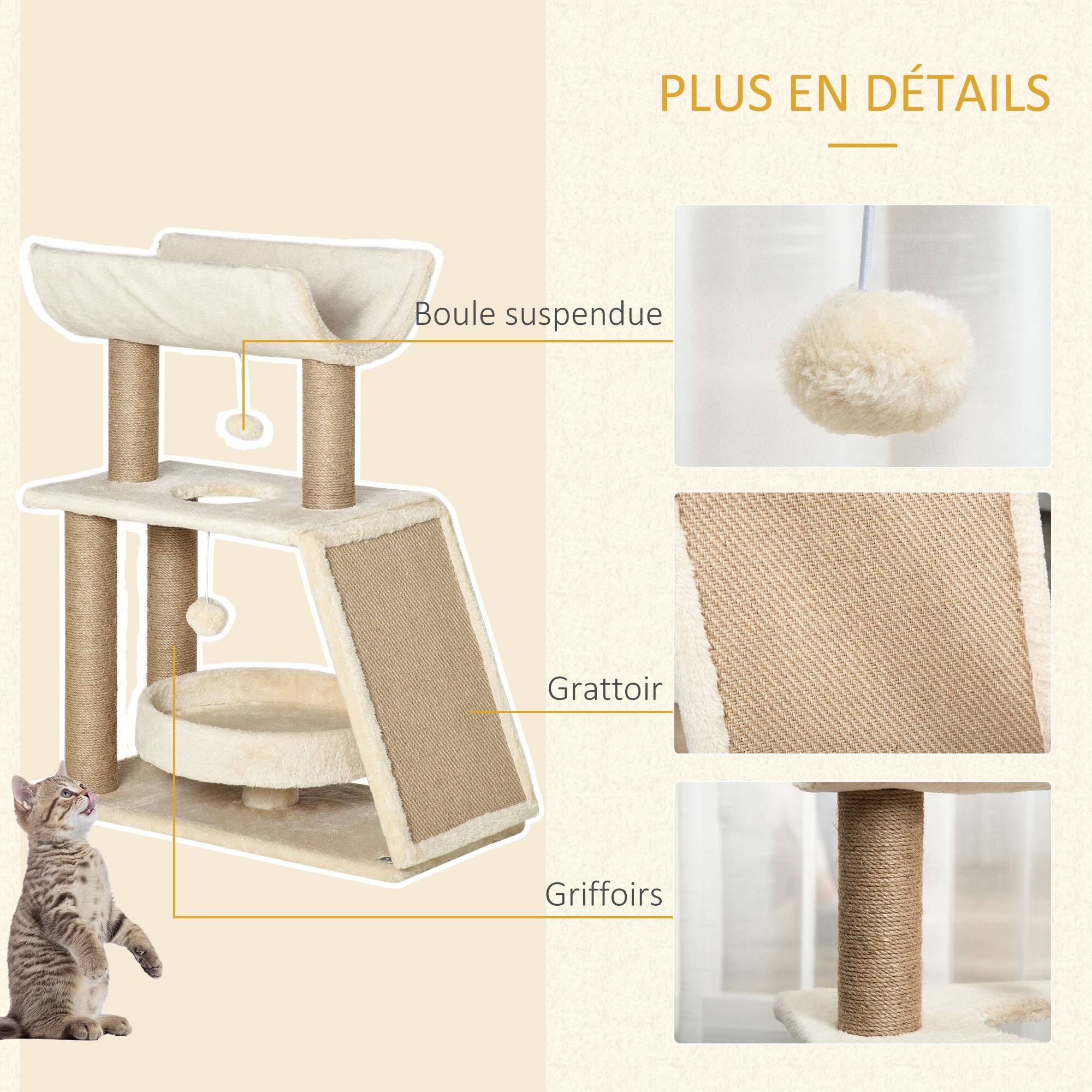 Sans Marque - Arbre à chats design cosy chic multi-équipements centre d'activités griffoirs grattoir plateformes brun clair - Image 8