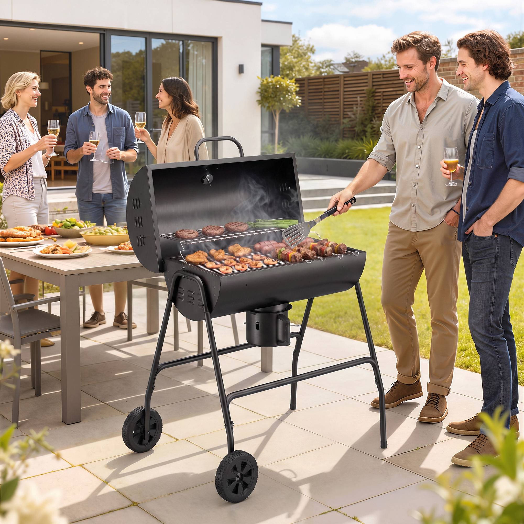 Fumoir BBQ charbon métal, couvercle, thermomètre, roues, chariot, 95x71,5x102cm noir - Image 4