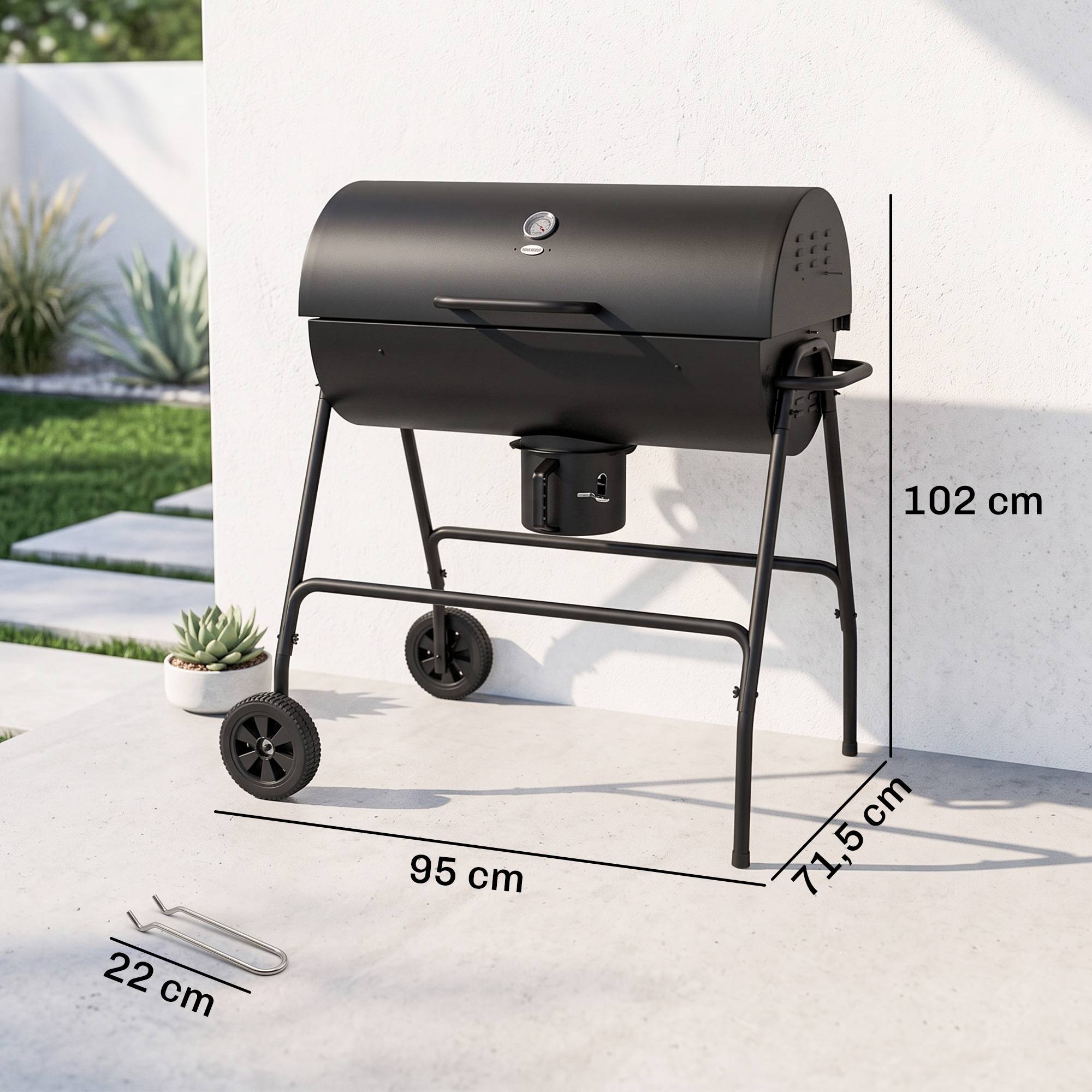 Fumoir BBQ charbon métal, couvercle, thermomètre, roues, chariot, 95x71,5x102cm noir - Image 5