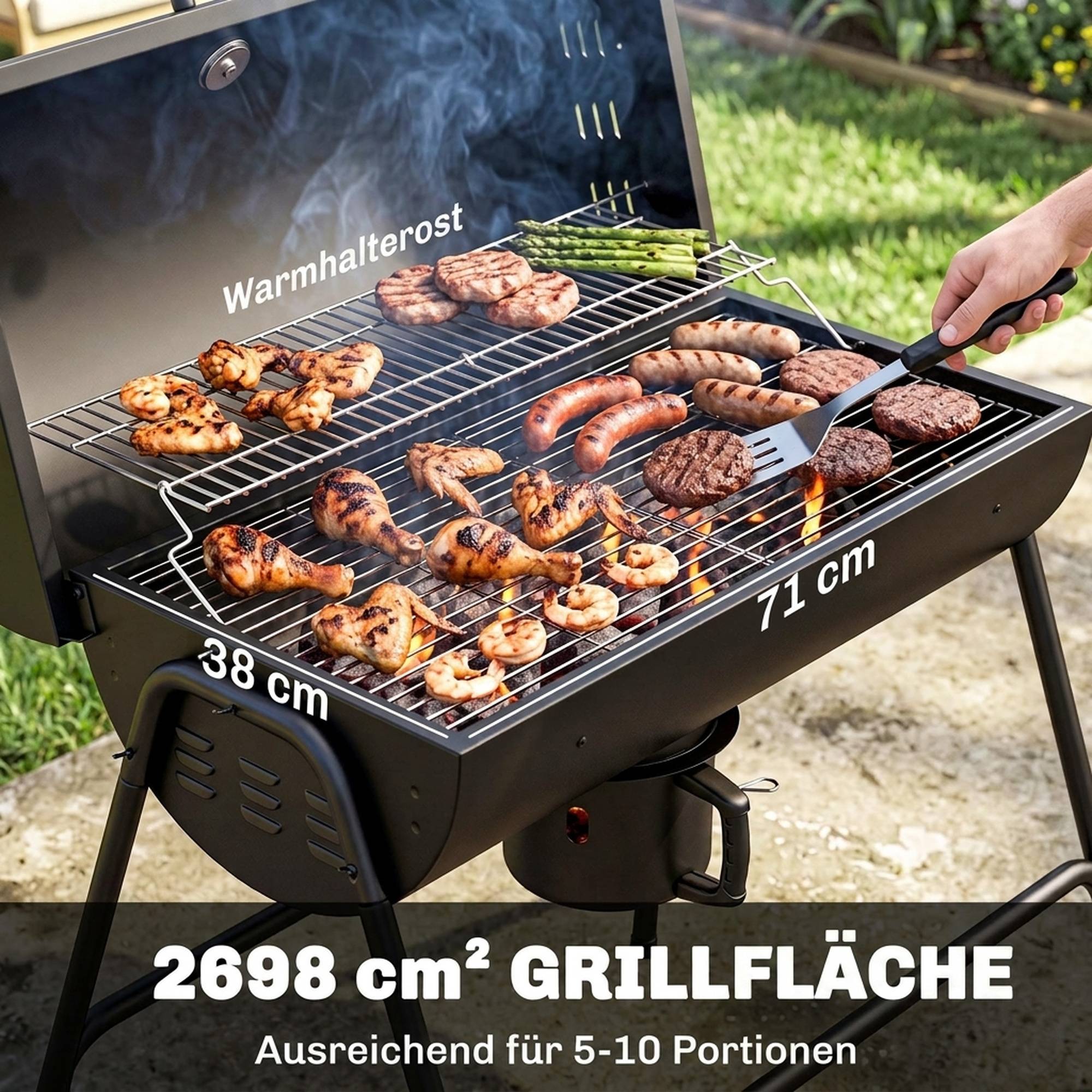 Fumoir BBQ charbon métal, couvercle, thermomètre, roues, chariot, 95x71,5x102cm noir - Image 6