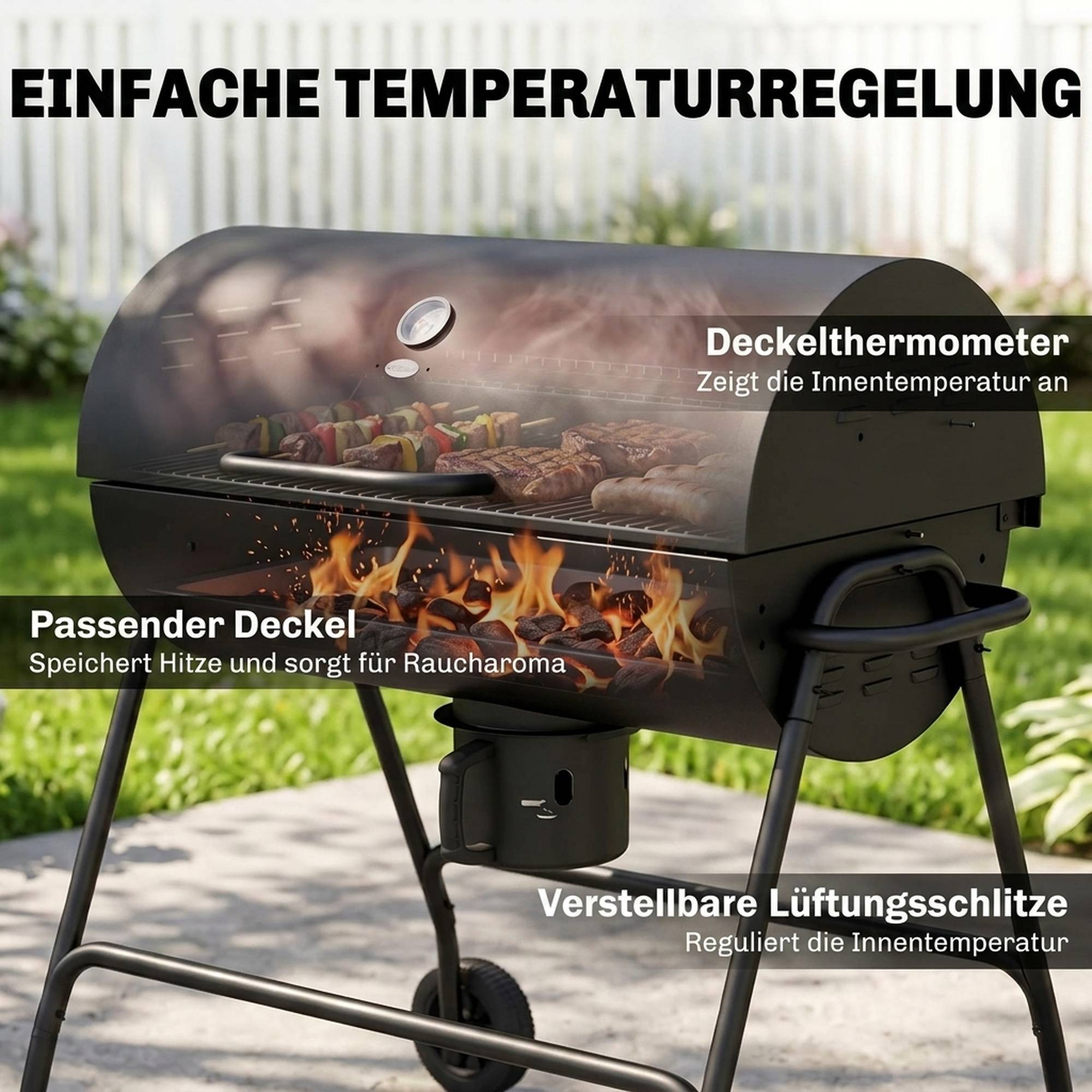 Fumoir BBQ charbon métal, couvercle, thermomètre, roues, chariot, 95x71,5x102cm noir - Image 7