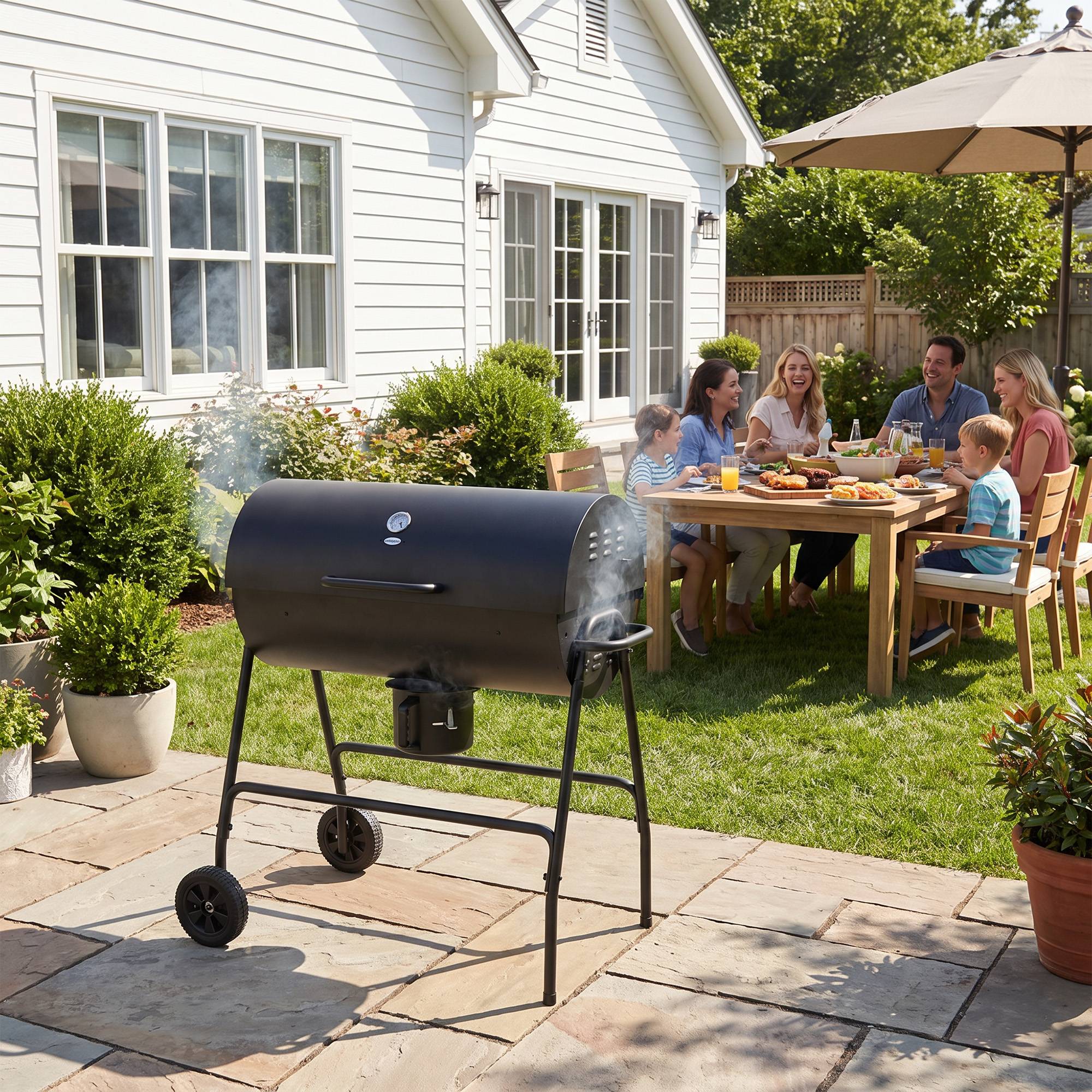 Fumoir BBQ charbon métal, couvercle, thermomètre, roues, chariot, 95x71,5x102cm noir - Image 10