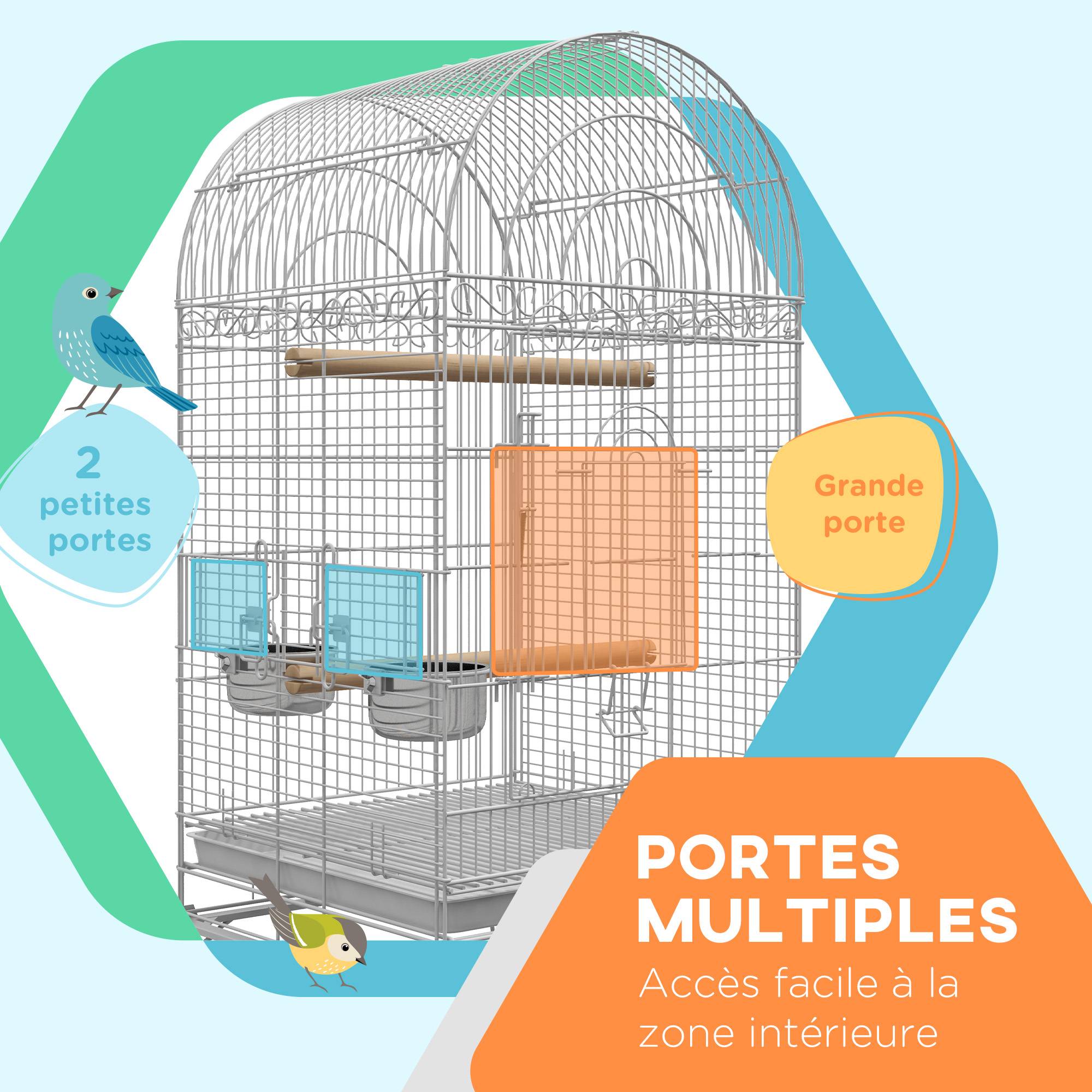 Pawhut - Cage à oiseaux volière sur roulettes - étagère, grille, plateau amovible, 2 bols acier inox, perchoir - acier blanc - Image 4