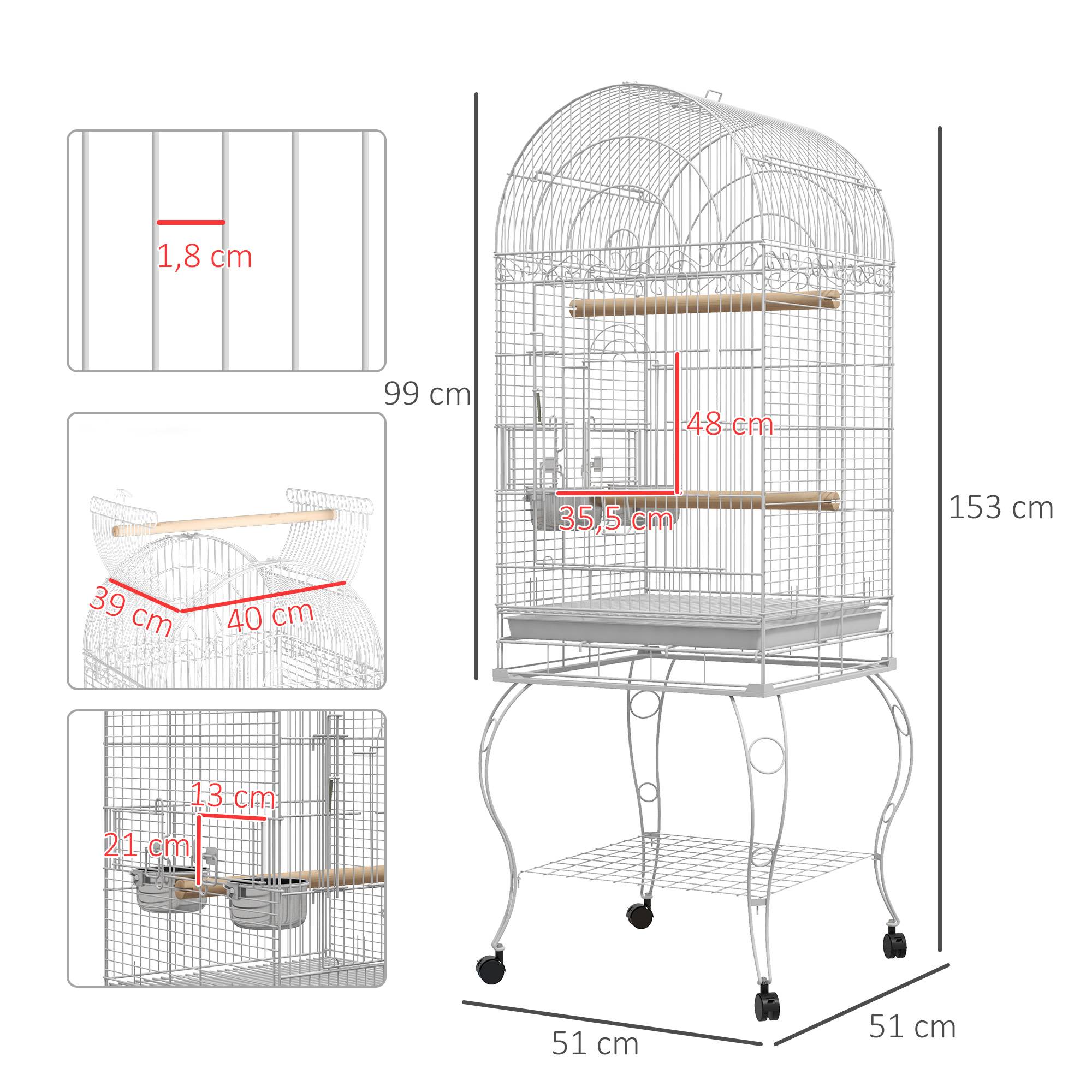 Pawhut - Cage à oiseaux volière sur roulettes - étagère, grille, plateau amovible, 2 bols acier inox, perchoir - acier blanc - Image 3