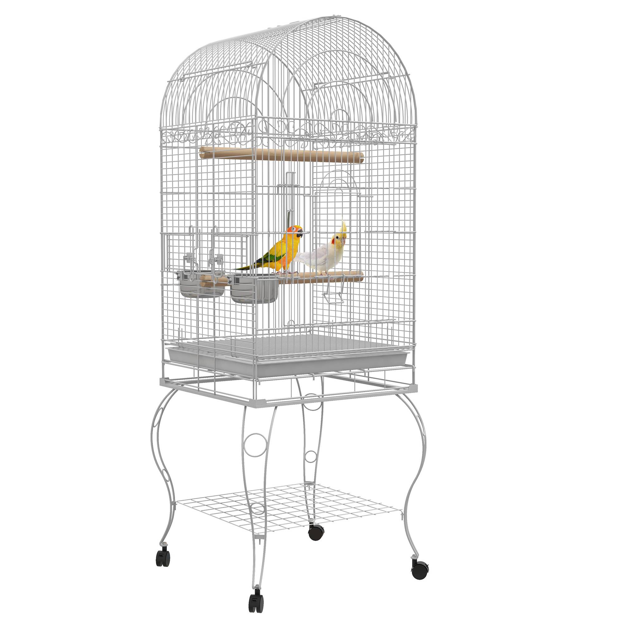 Pawhut - Cage à oiseaux volière sur roulettes - étagère, grille, plateau amovible, 2 bols acier inox, perchoir - acier blanc - Image 1