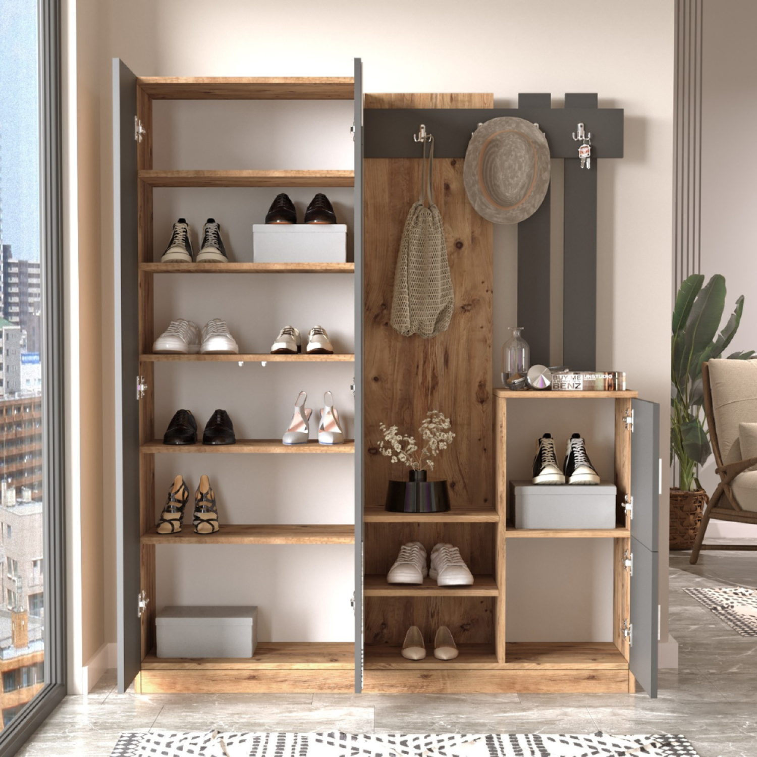Concept Usine - Meuble d'entrée design bois et gris avec miroir ANKA - Image 4