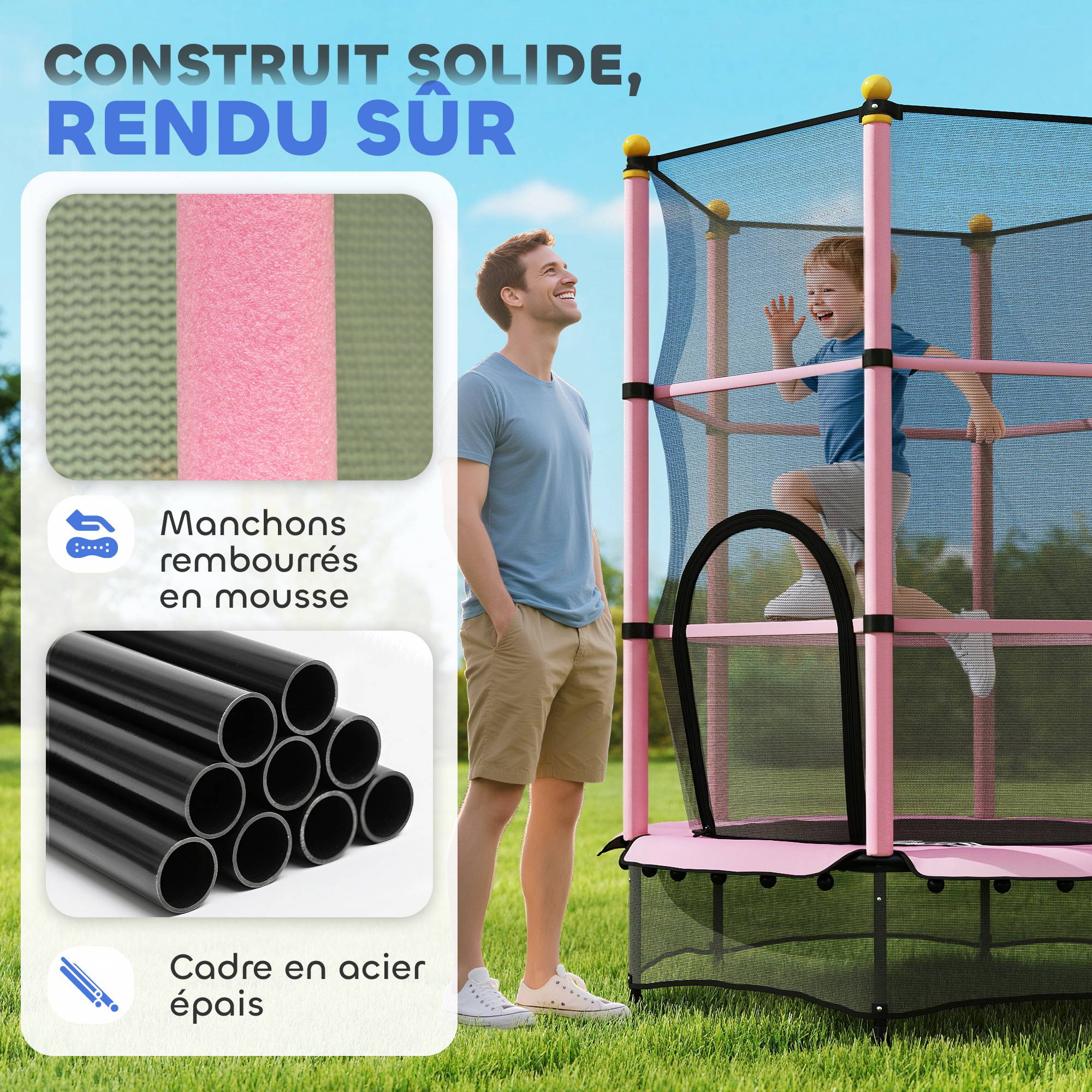 Trampoline Enfant Ø 1,40 × 1,90H m Filet de sécurité Porte zipée Couvre-Ressorts 6 poteaux rembourrés Inclus Rose - Image 6
