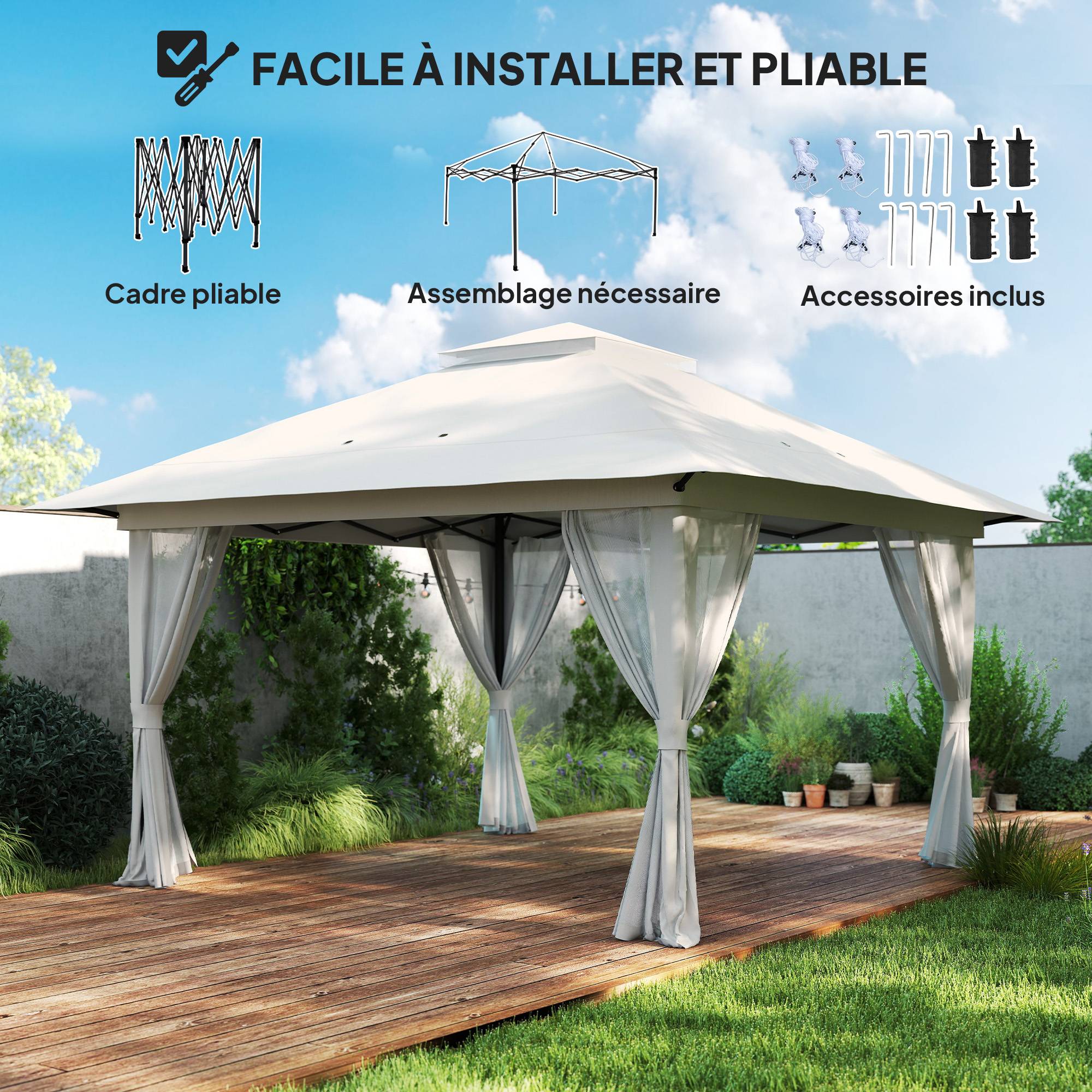 Tonnelle barnum de jardin pop-up pliant double toit protection UV 50+ avec 4 moustiquaires zippées 4 x 4 m Blanc - Image 7