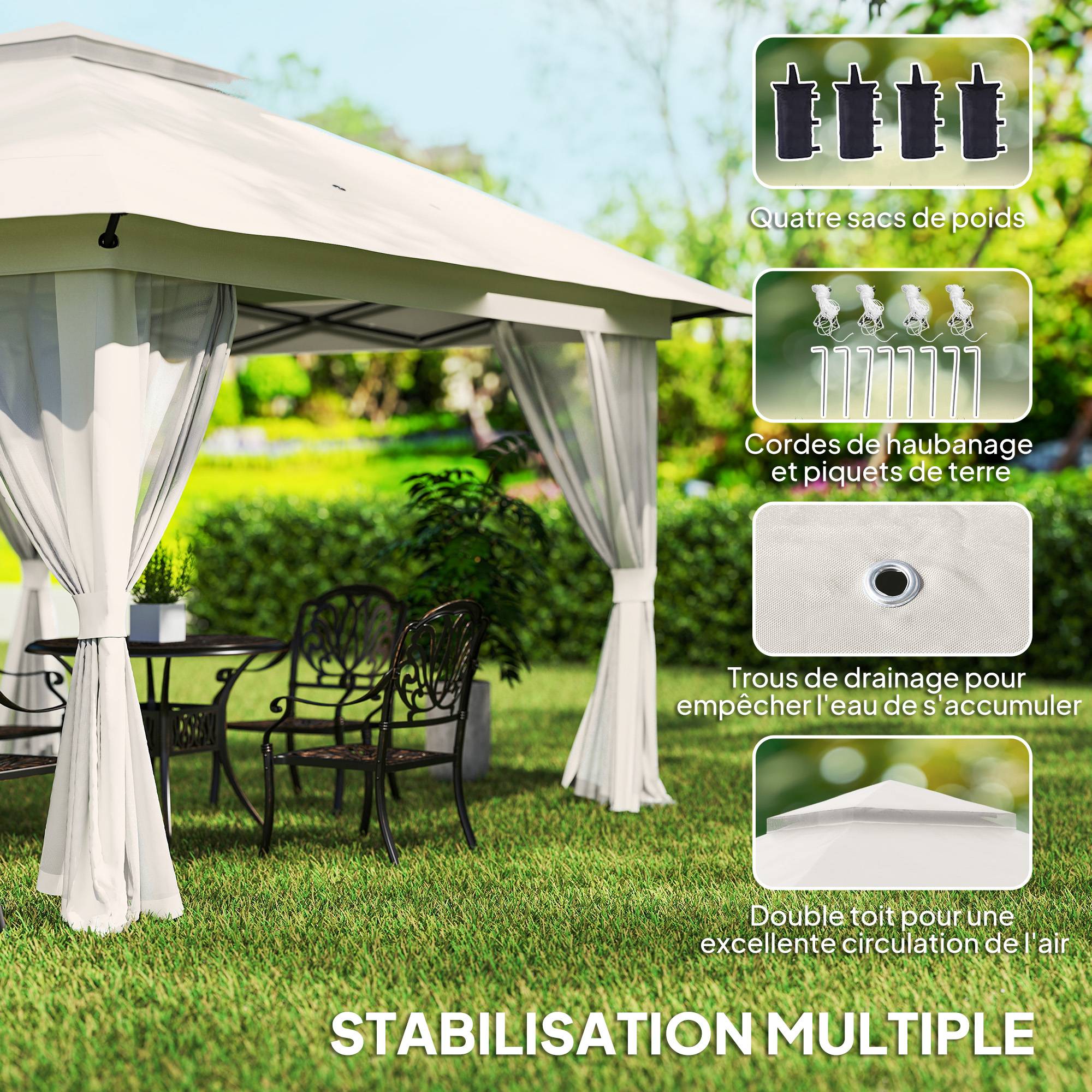 Tonnelle barnum de jardin pop-up pliant double toit protection UV 50+ avec 4 moustiquaires zippées 4 x 4 m Blanc - Image 9