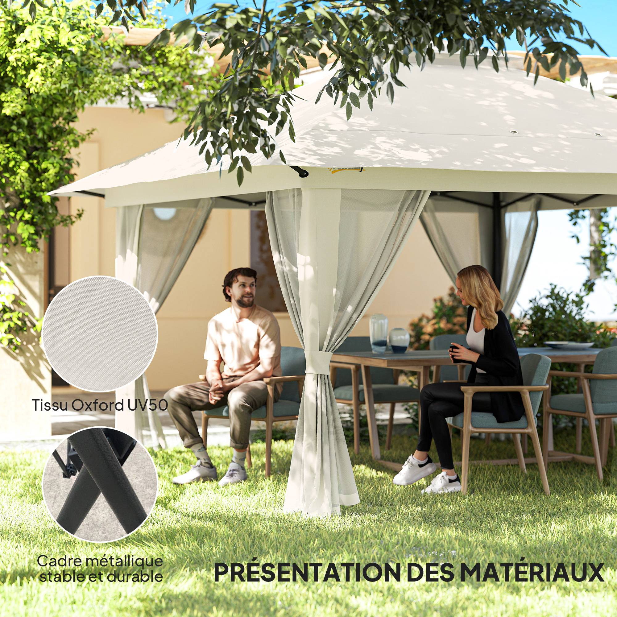 Tonnelle barnum de jardin pop-up pliant double toit protection UV 50+ avec 4 moustiquaires zippées 4 x 4 m Blanc - Image 10