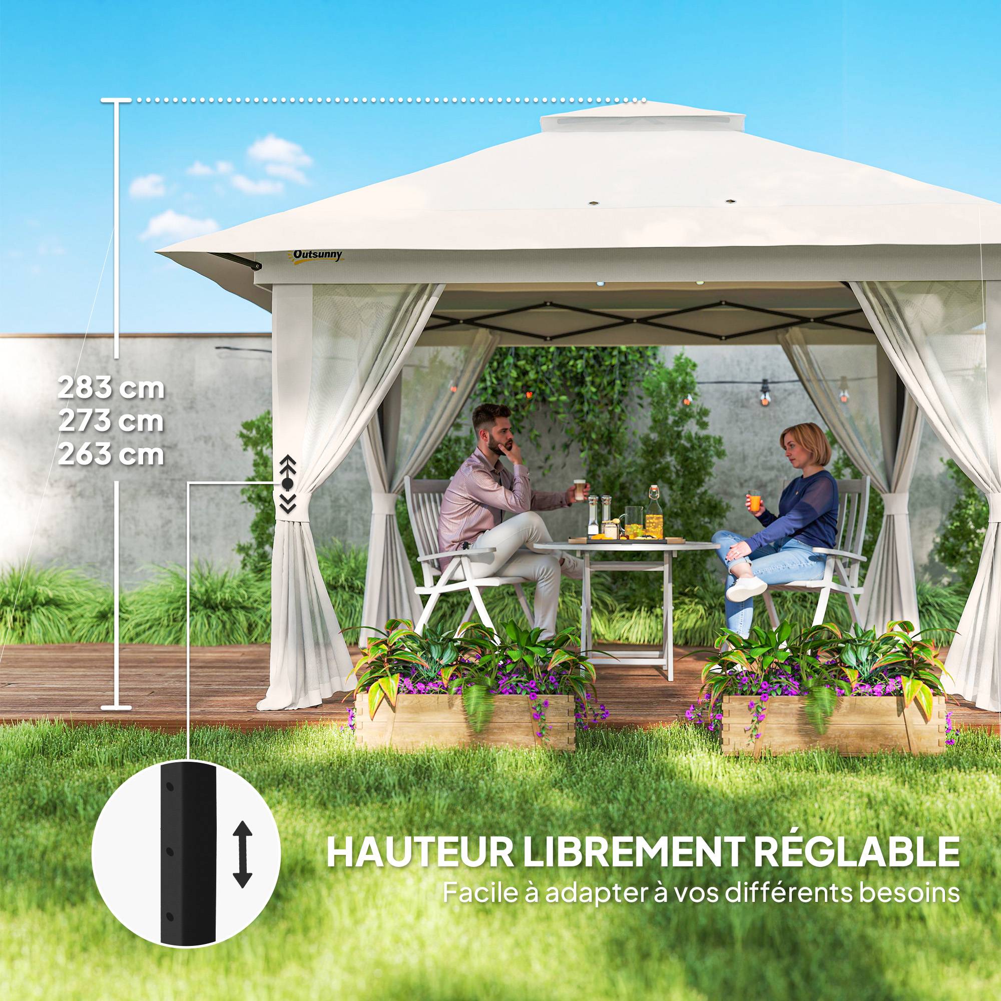 Tonnelle barnum de jardin pop-up pliant double toit protection UV 50+ avec 4 moustiquaires zippées 4 x 4 m Blanc - Image 8