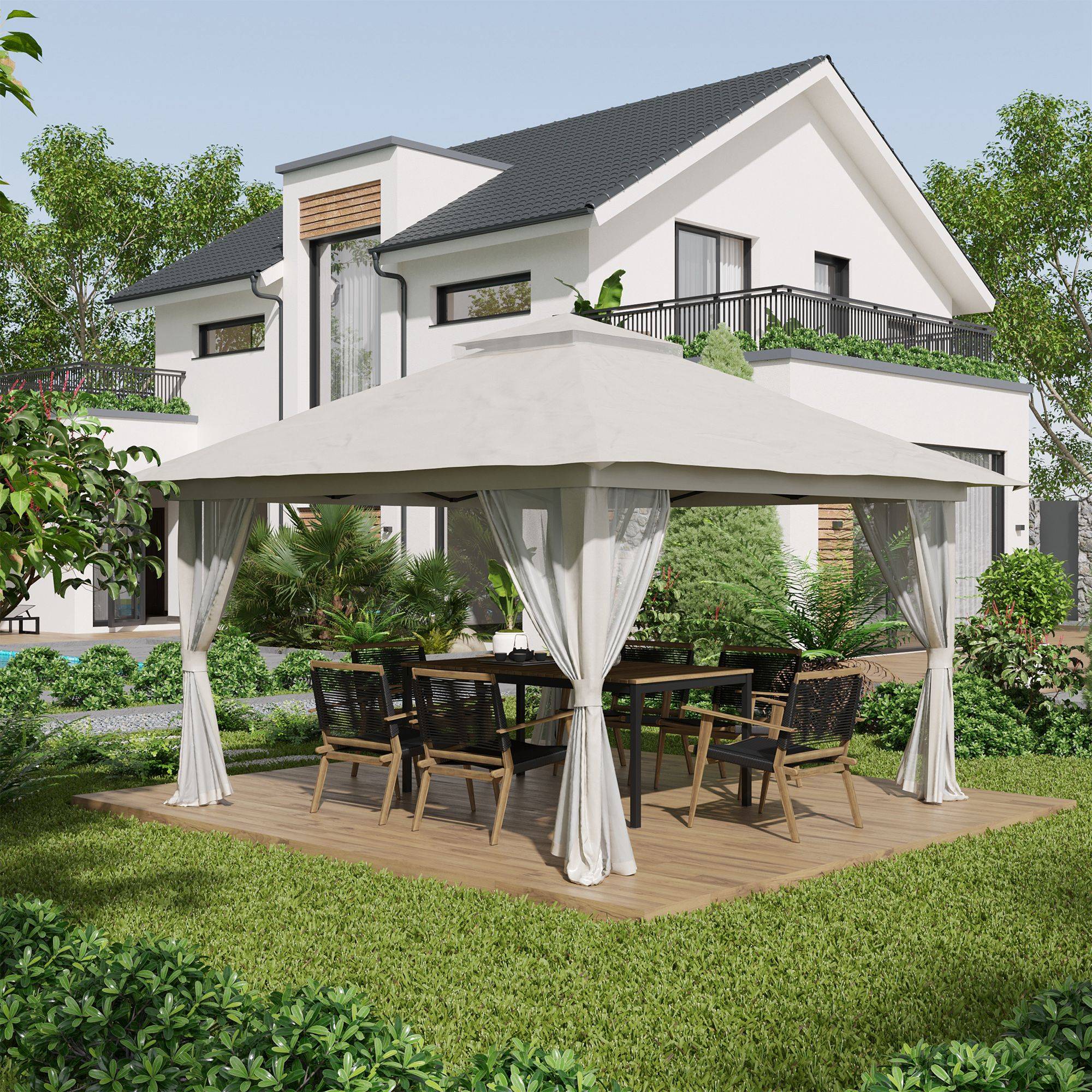 Tonnelle barnum de jardin pop-up pliant double toit protection UV 50+ avec 4 moustiquaires zippées 4 x 4 m Blanc - Image 3