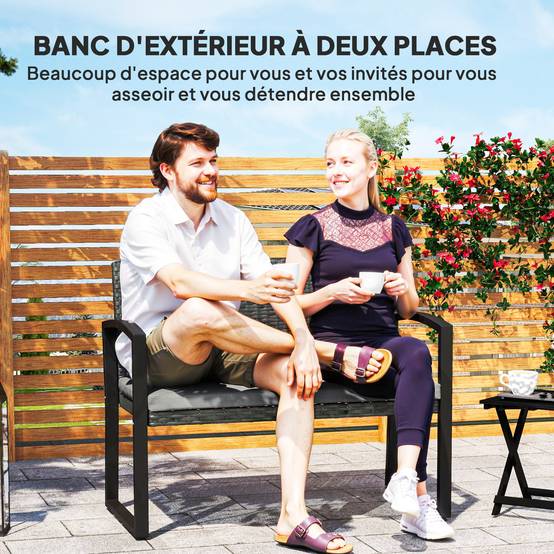 Outsunny - Banc de jardin 2 places - coussin - résine tressée PE et acier galvanisé - 103x58x78cm - gris et noir - Outsunny - Image 7