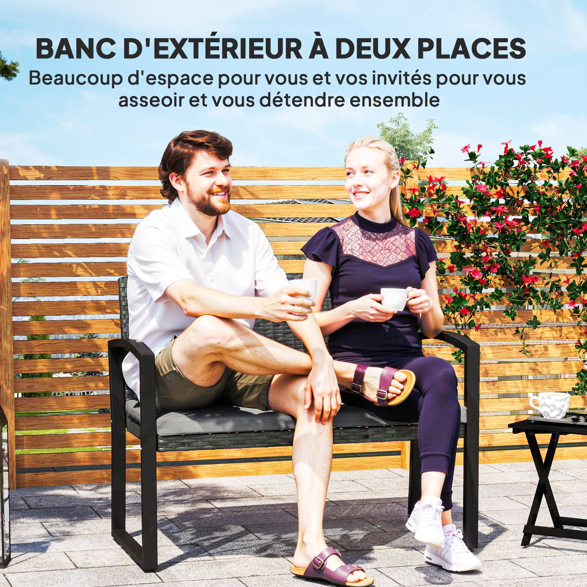 Outsunny - Banc de jardin 2 places - coussin - résine tressée PE et acier galvanisé - 103x58x78cm - gris et noir - Outsunny - Image 7