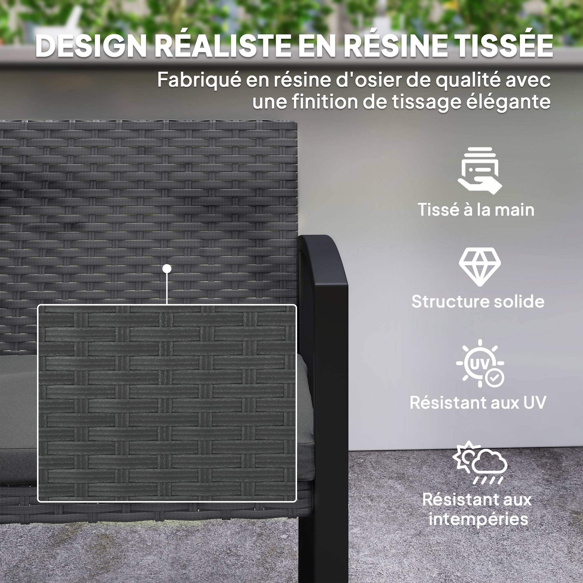 Outsunny - Banc de jardin 2 places - coussin - résine tressée PE et acier galvanisé - 103x58x78cm - gris et noir - Outsunny - Image 8