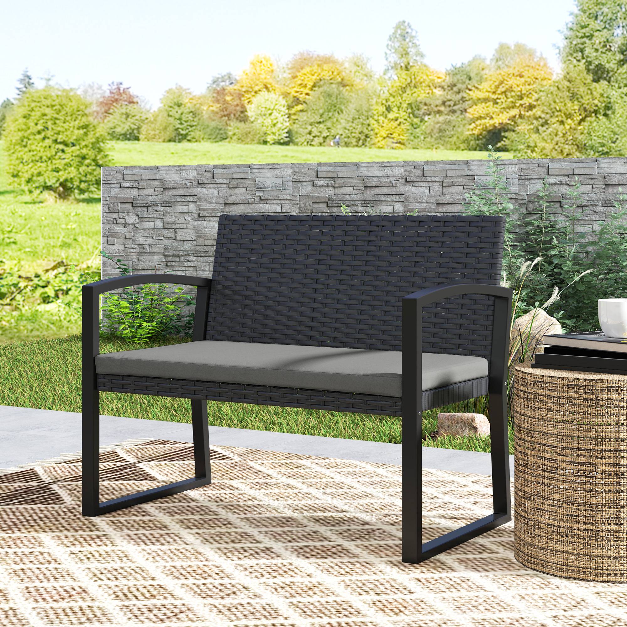 Outsunny - Banc de jardin 2 places - coussin - résine tressée PE et acier galvanisé - 103x58x78cm - gris et noir - Outsunny - Image 4