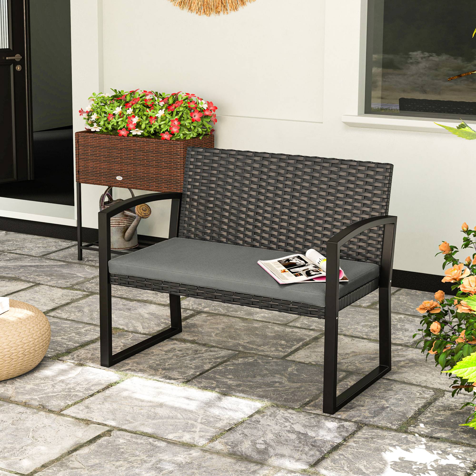 Outsunny - Banc de jardin 2 places - coussin - résine tressée PE et acier galvanisé - 103x58x78cm - gris et noir - Outsunny - Image 6