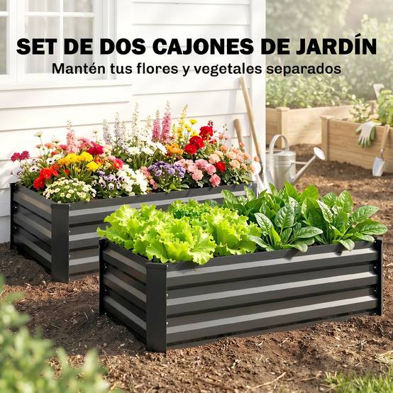 Lot de 2 jardinières rectangulaires d'extérieur en acier pour la culture de plantes et de fleurs sur terrasse, 100 x 60 x 30 cm, gris foncé - Image 6