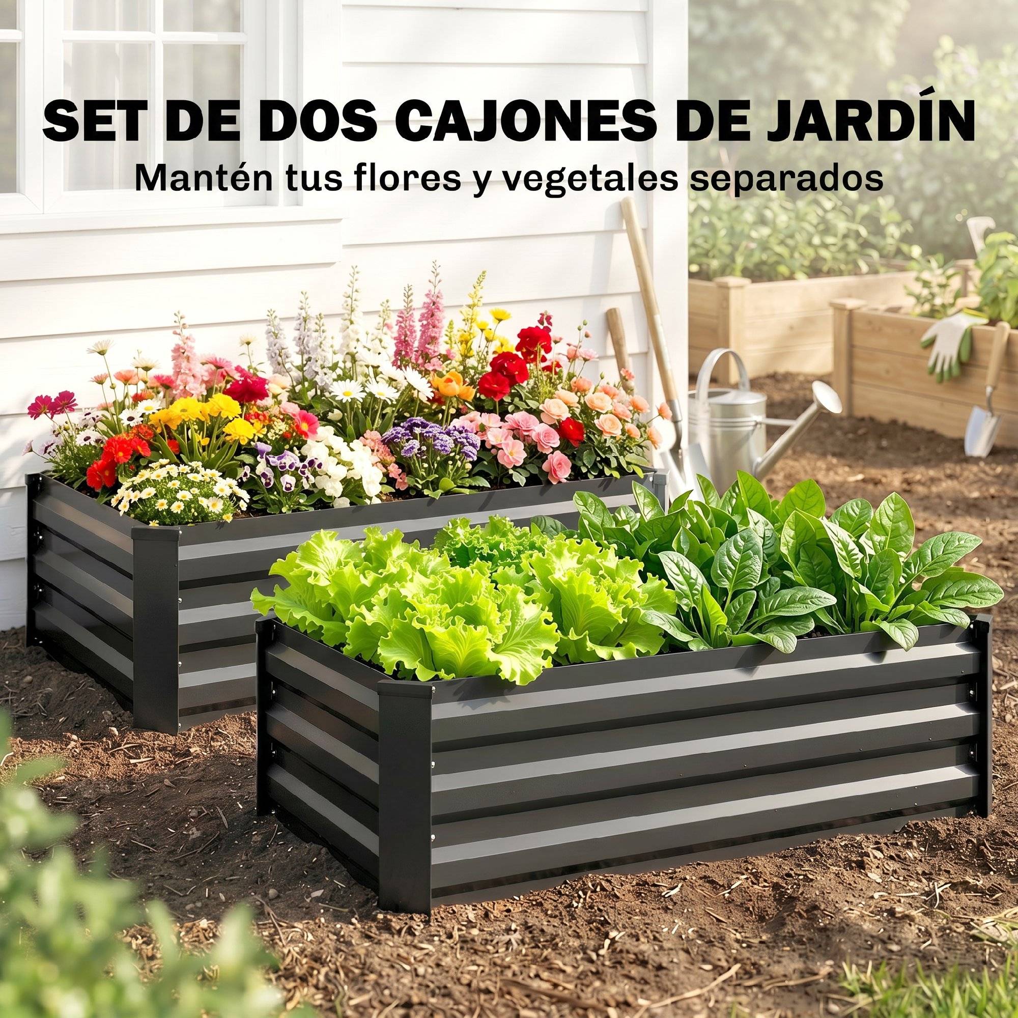 Lot de 2 jardinières rectangulaires d'extérieur en acier pour la culture de plantes et de fleurs sur terrasse, 100 x 60 x 30 cm, gris foncé - Image 6