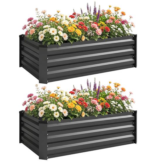 Lot de 2 jardinières rectangulaires d'extérieur en acier pour la culture de plantes et de fleurs sur terrasse, 100 x 60 x 30 cm, gris foncé - Image 1